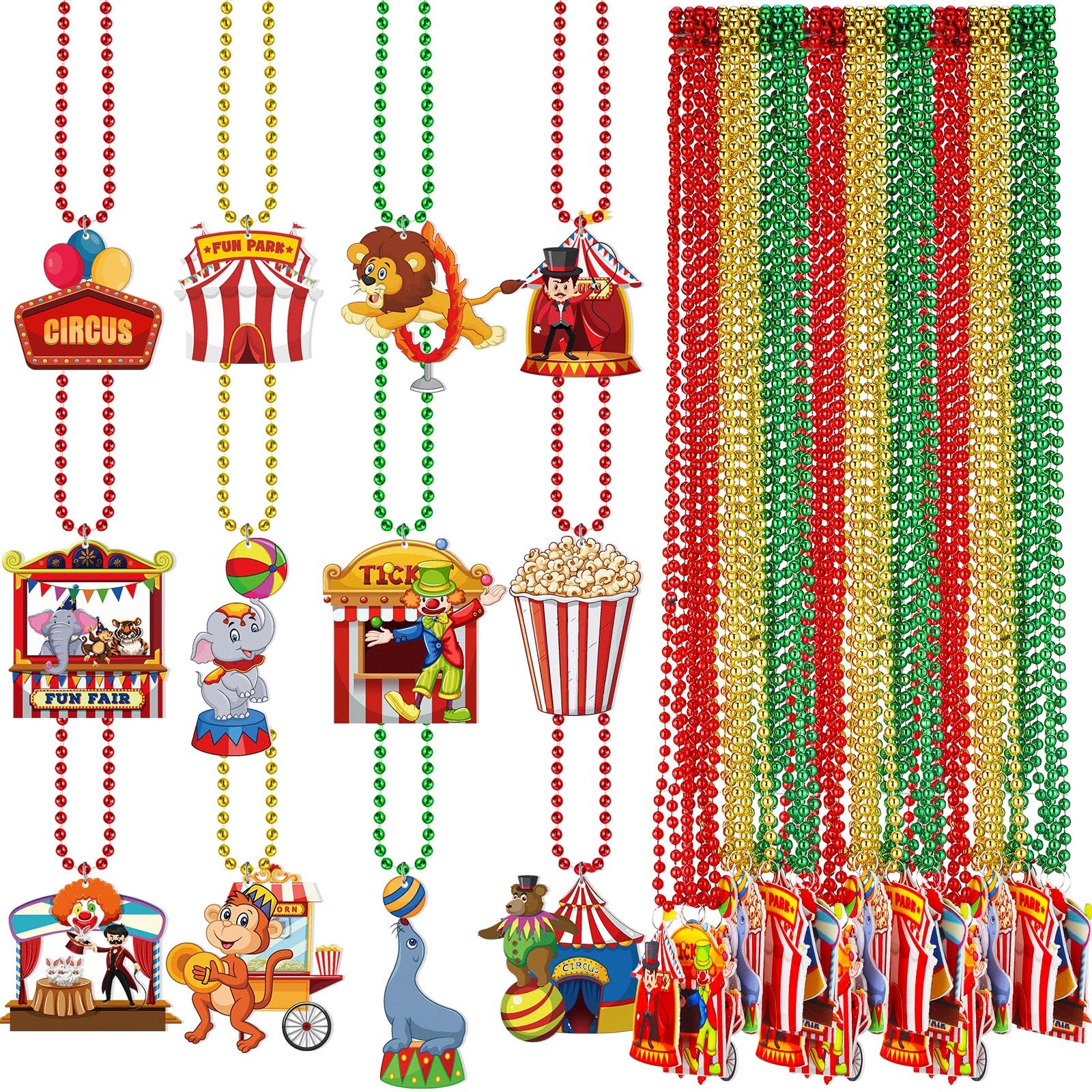 SmoothNovelty 36 Pcs Carnival Circus Theme Beaded Necklaces for Halloween Party Favors Supplies, Felt Animal Clown Tent Bold Red