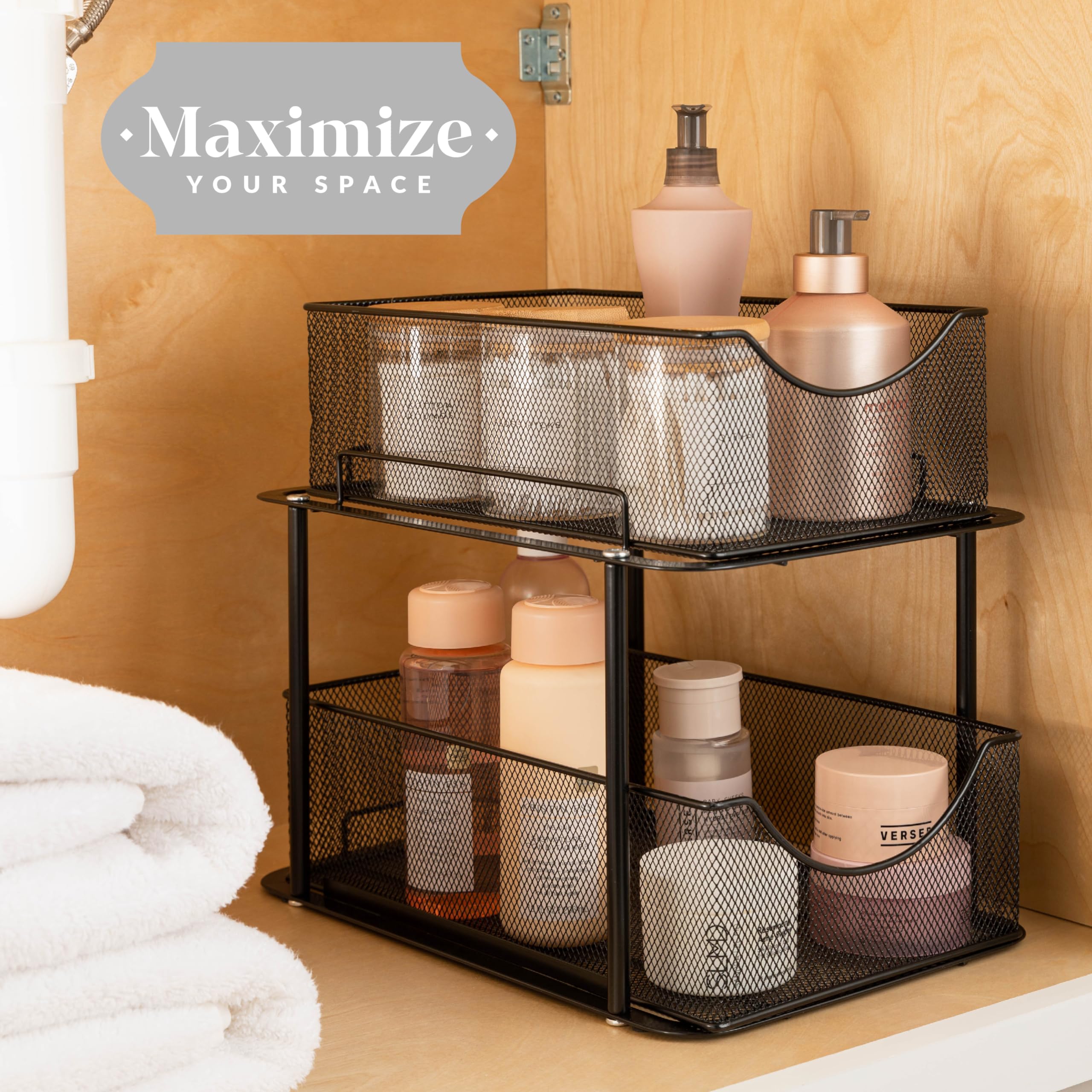 Sorbus 2 Tier Under Sink Bathroom Organizers And Storage, Strong Steel Mesh Sliding Drawers For Enhanced Bathroom Storage, Bathr