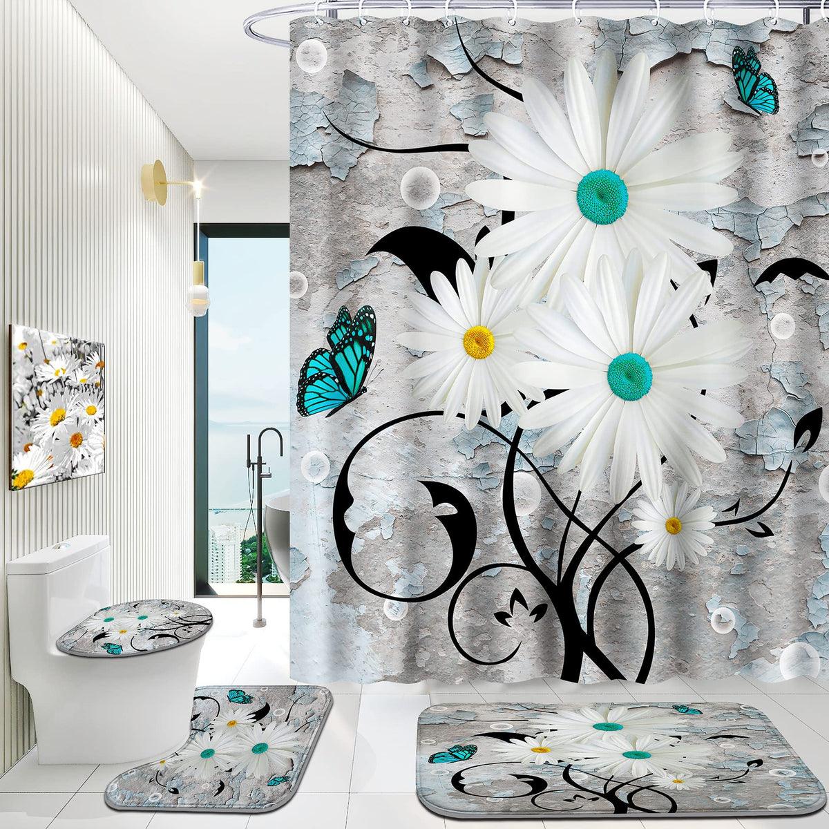 Enyorsel 4 Piece Bathroom Shower Curtain Set With Rug, Chrysanthemum Bathroom Sets With Premium Shower Curtain And Non-Slip Bath
