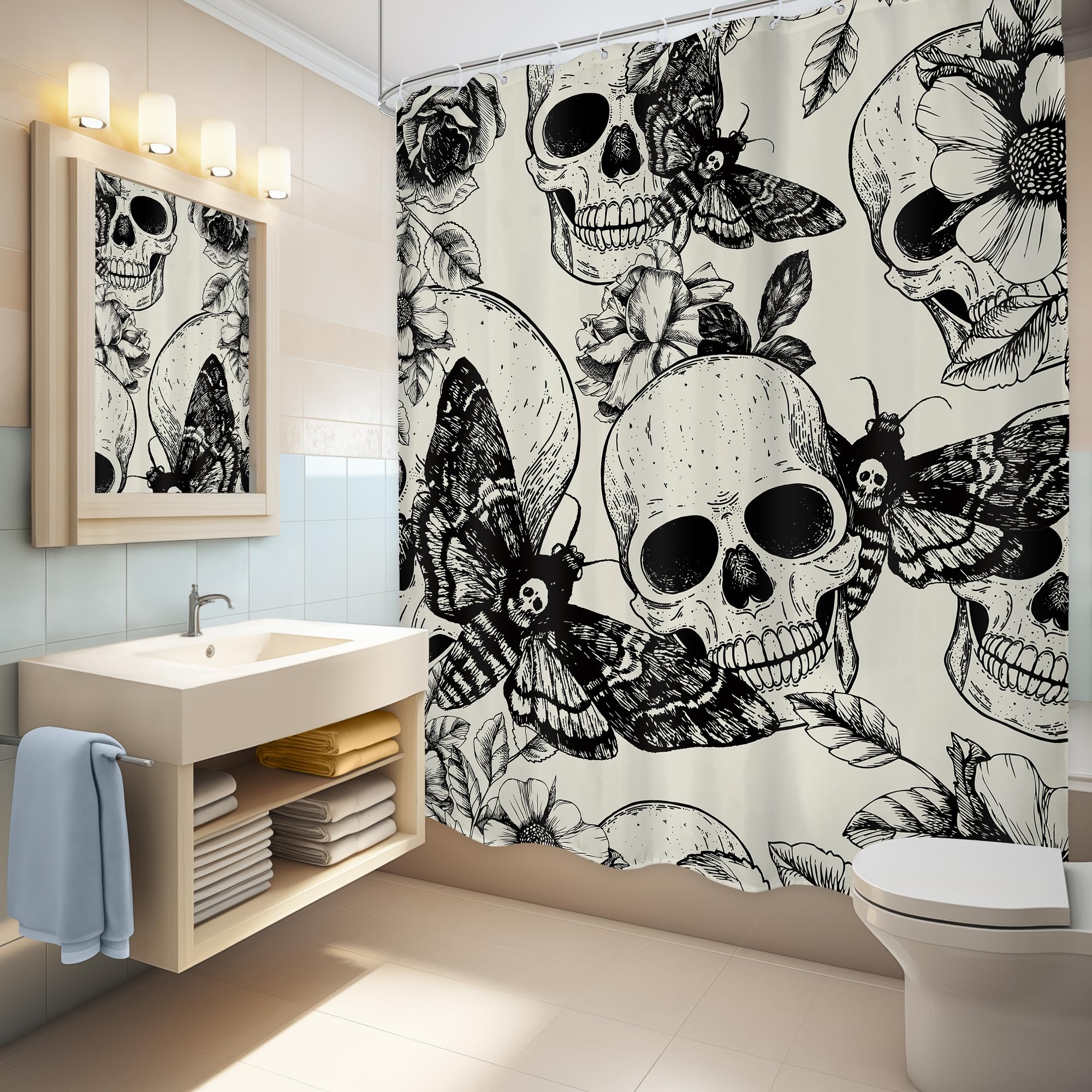 Lghtyro Gothic Skull Moth Shower Curtain Bathroom Set 60Wx71H Inches Black Deathhead Scary Skeleton Spooky Flower Mysterious Bat
