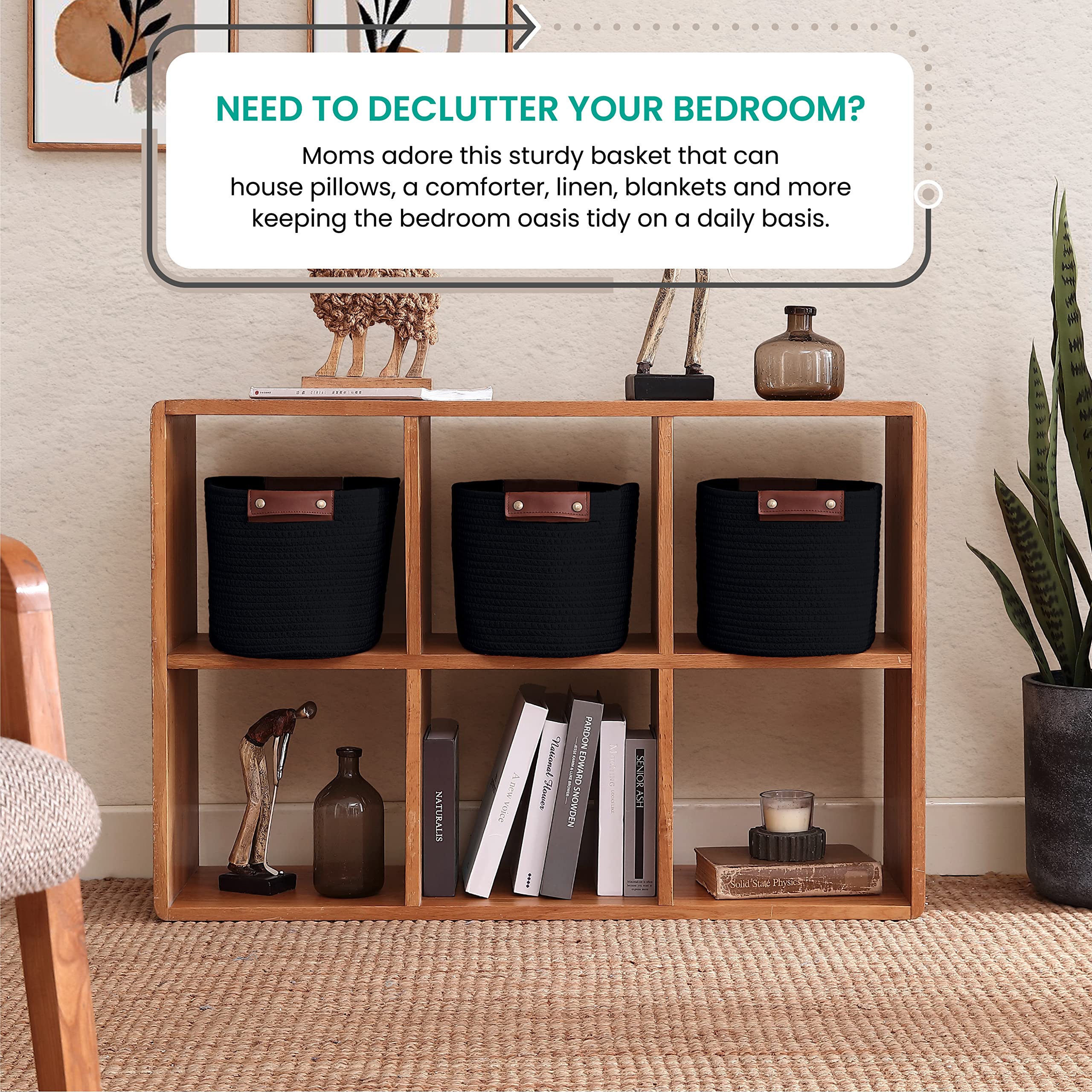 Organizix 3 Pack Cotton Rope Storage Basket Woven Shelf Storage Bin With Faux Leather Handles, Decorative Closet Shelf Woven Bas