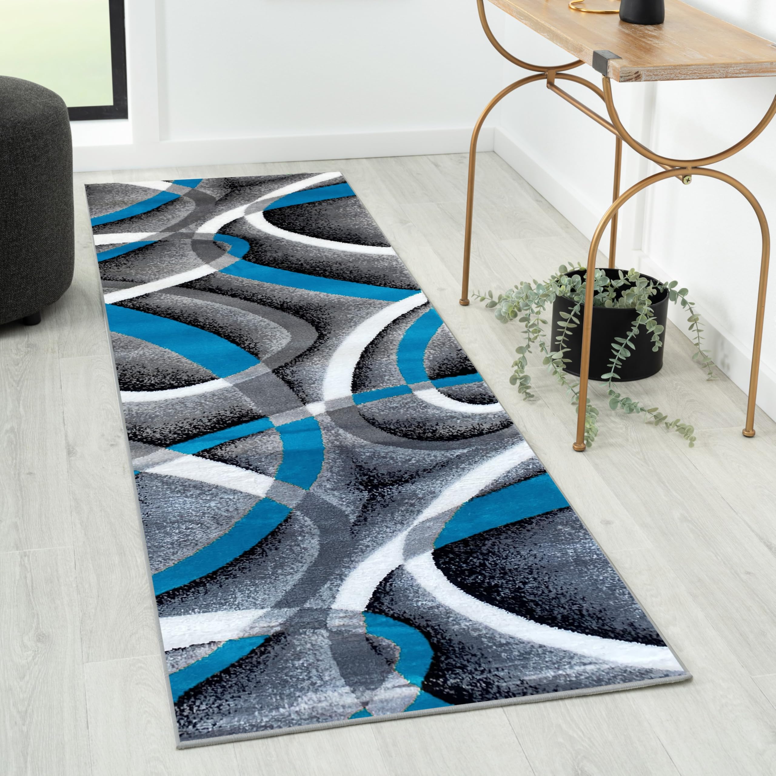 Persian Rugs 2305 Turquoise White Swirlss 22 x 74 Runner Modern Abstract Area Rug Carpet