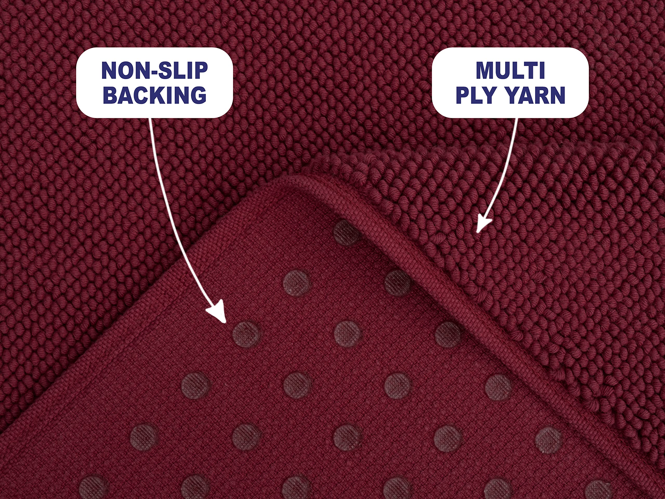 American Soft Linen Bath Rug, 17 In 24 In 100% Cotton Bath Mats Rugs For Bathroom, Non Slip Washable Shaggy Form Area Rugs, Burg