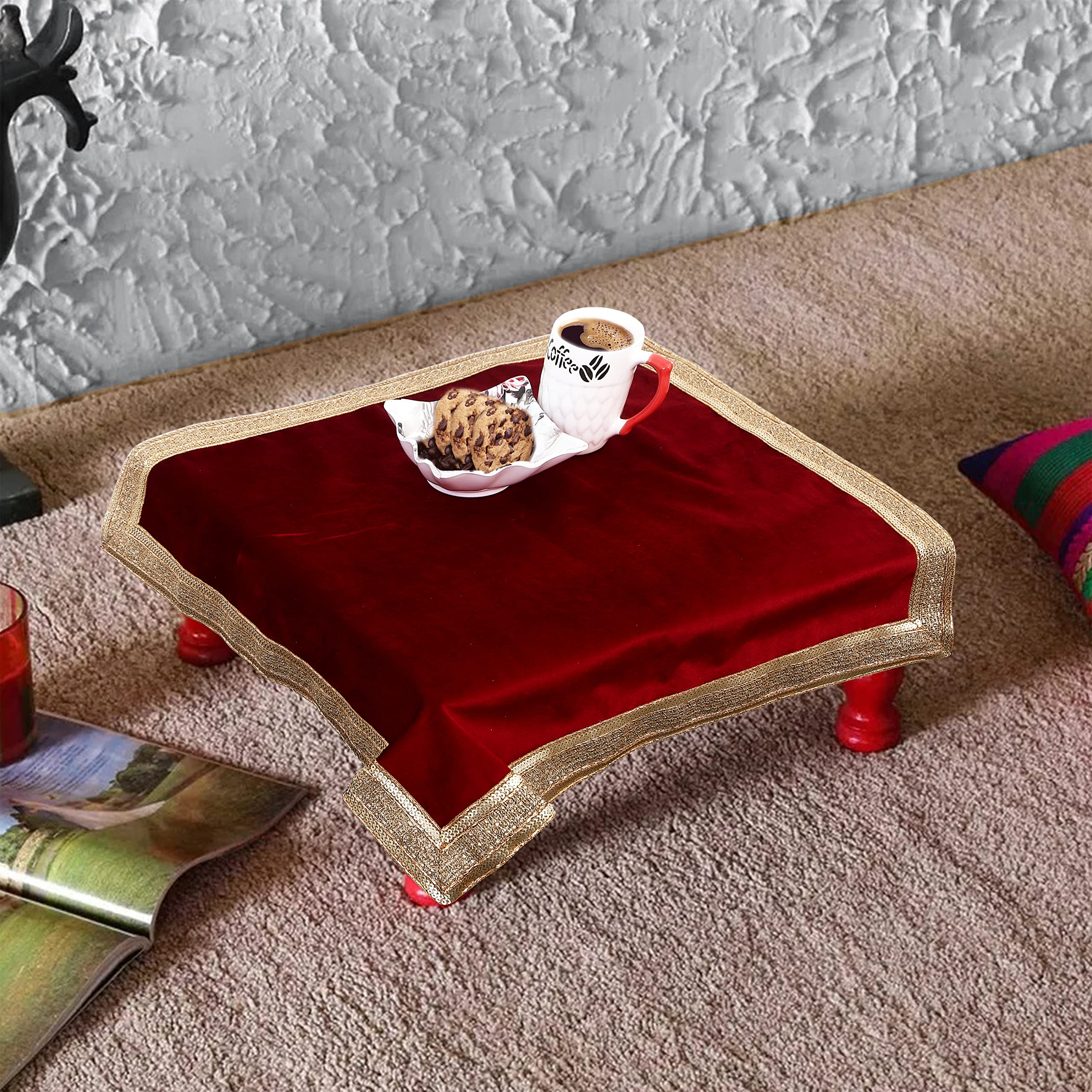 Indian Consigners Solid Red Velvet Cloth With Golden Shinny Border, Aasan Pooja Puja Cloth Poojan Table Cloth Holy Cloth