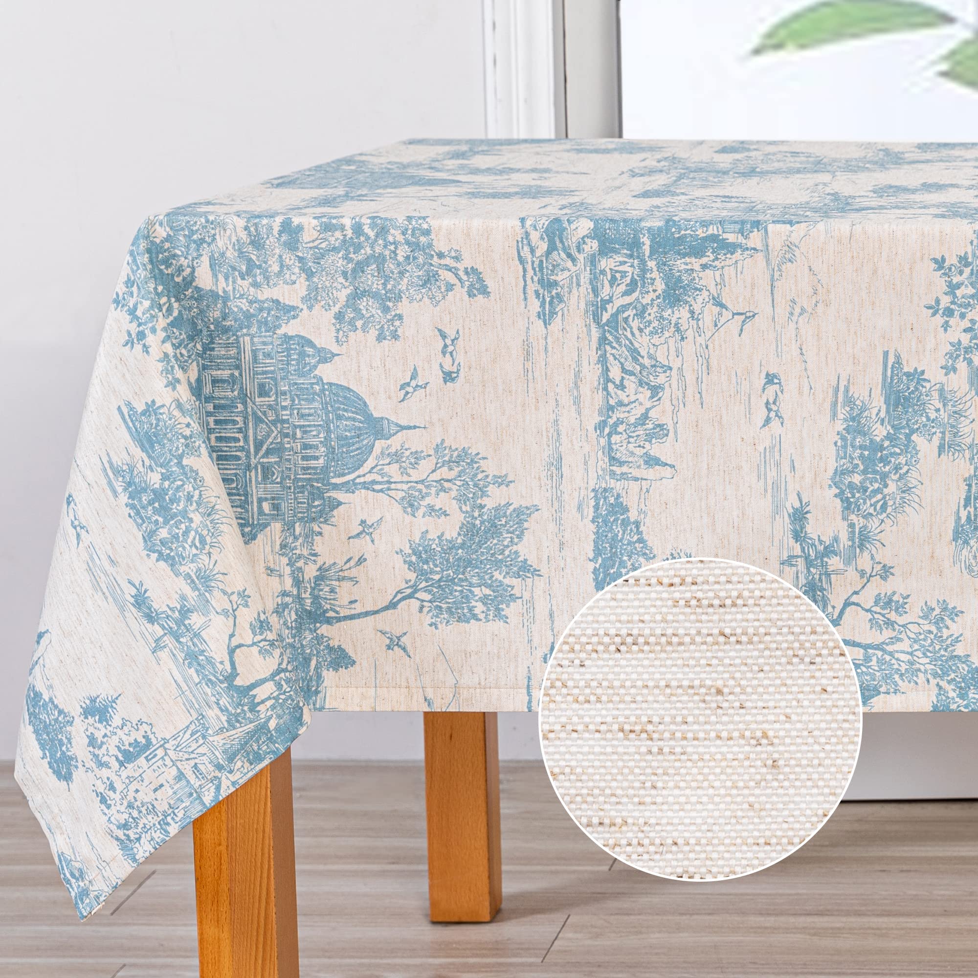 MYSKY HOME Linen Vintage Rectangle Tablecloth 60x120 Inches, Blue Castle Print Table Cloth for Dining Table I Tabletop I Parties