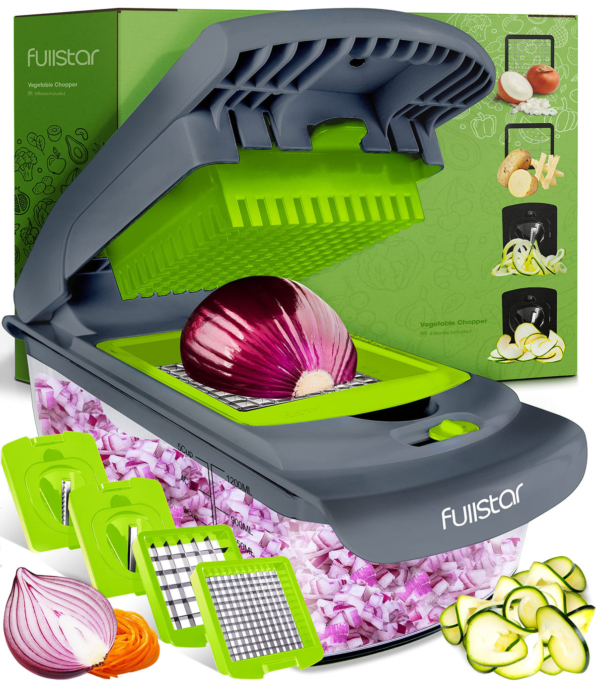 Fullstar Vegetable Chopper - Spiralizer Vegetable Slicer - Onion Chopper With Container - Pro Food Chopper - Green Slicer Dicer