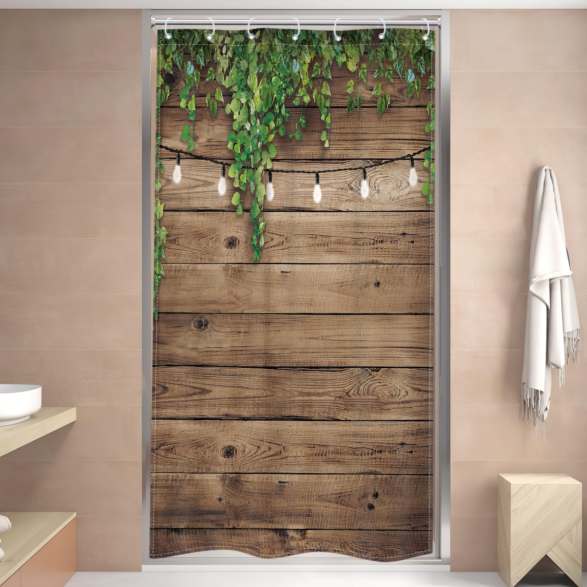 Riyidecor Wooden Shower Curtain 36"x72" Waterproof Rustic Brown with Green Leaves, Model WZ-NHYD-CR35, Includes 7 Hooks