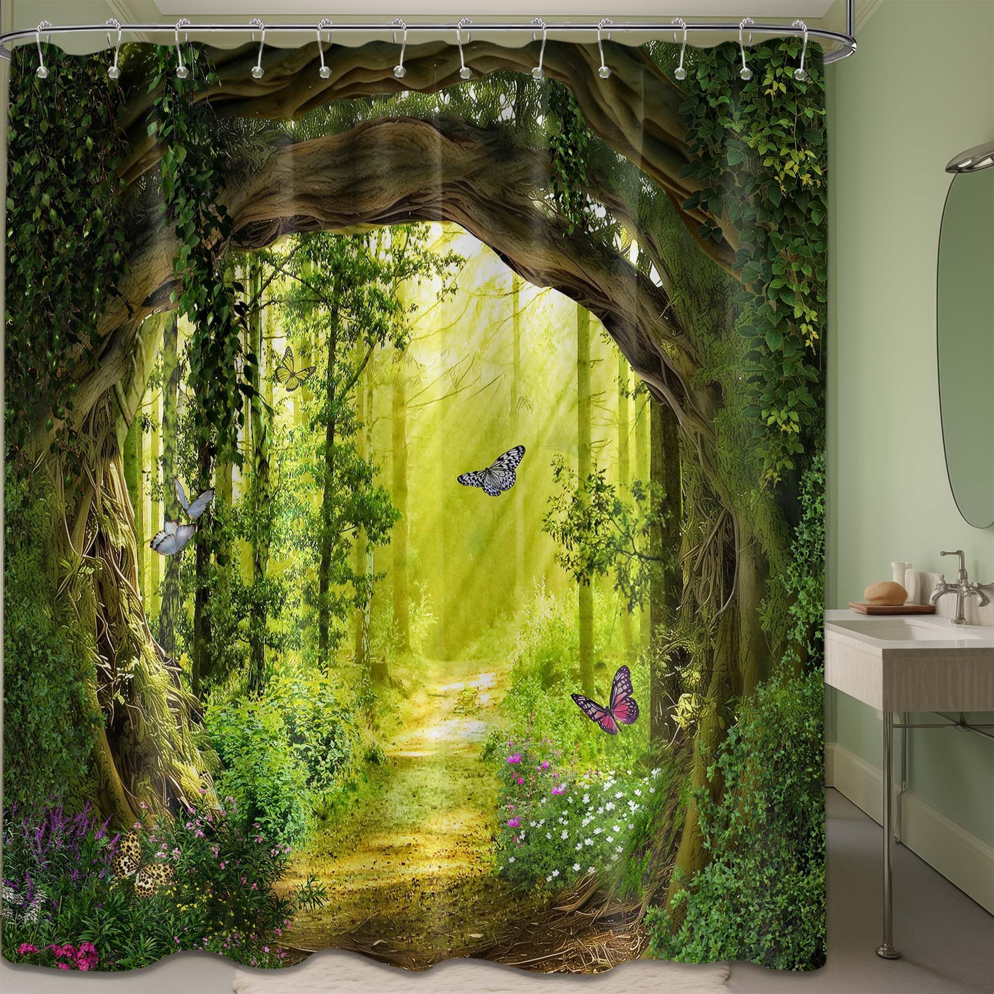 Qghot Enchanted Forest Shower Curtain Green Nature Garden Outdoors Scene Tree Scenic Bathroom Decor, Waterproof Cloth Fabric Wit