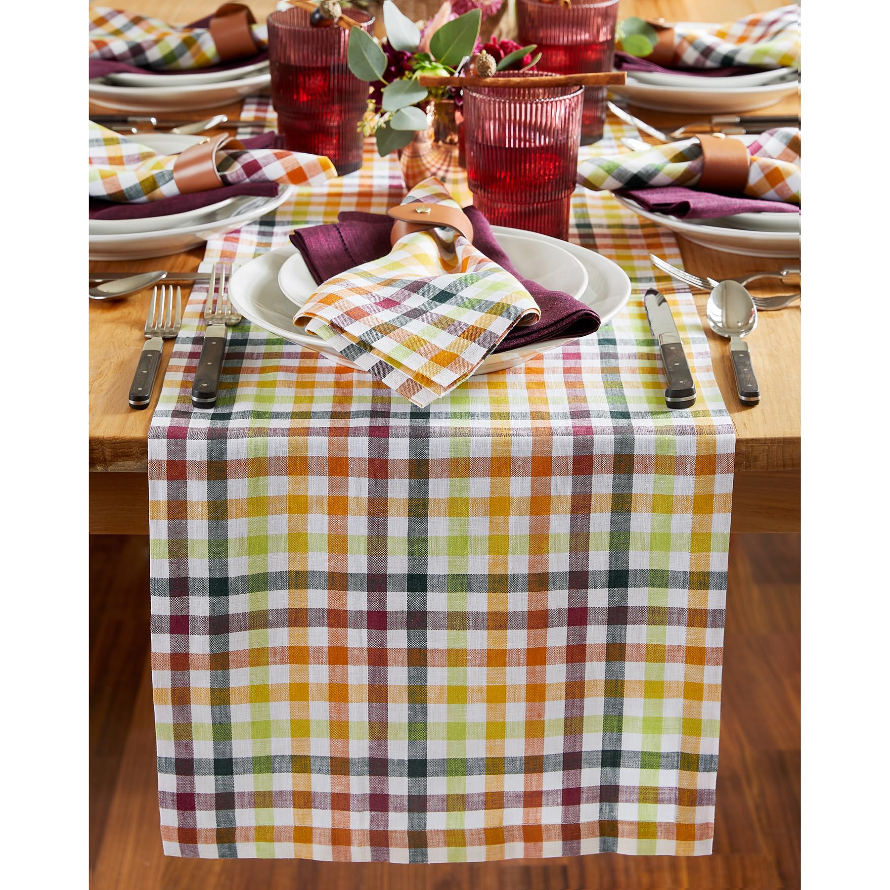 Solino Home Check Linen Table Runner 36 Inch - 100% Pure Linen Multicolor Plaid Table Runner 14 X 36 Inch Ideal For Dresser And