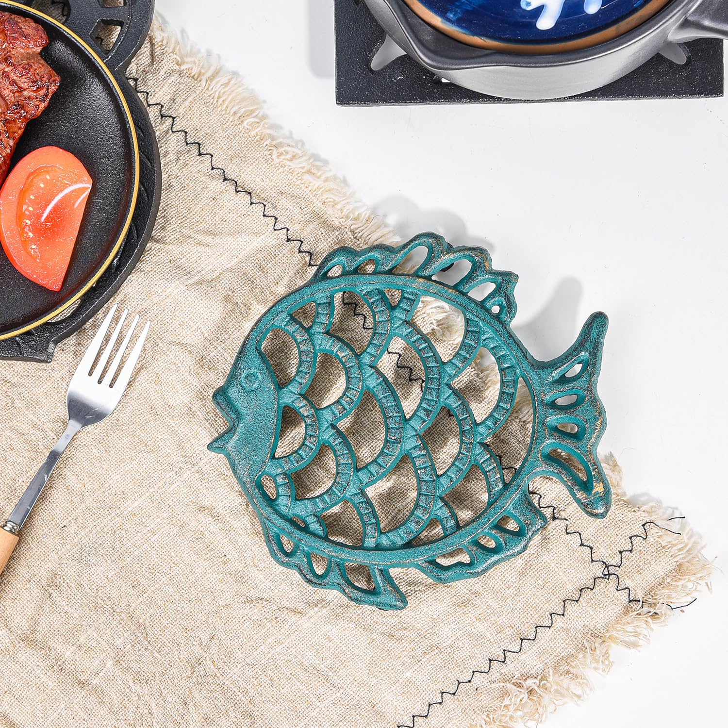 Sungmor Cast Iron Cute Fish Trivet For Wood Stove - Dia-7.5 Inch Dark Green Finish - Rustproof Round Stands For Hot Pots/Dishes/