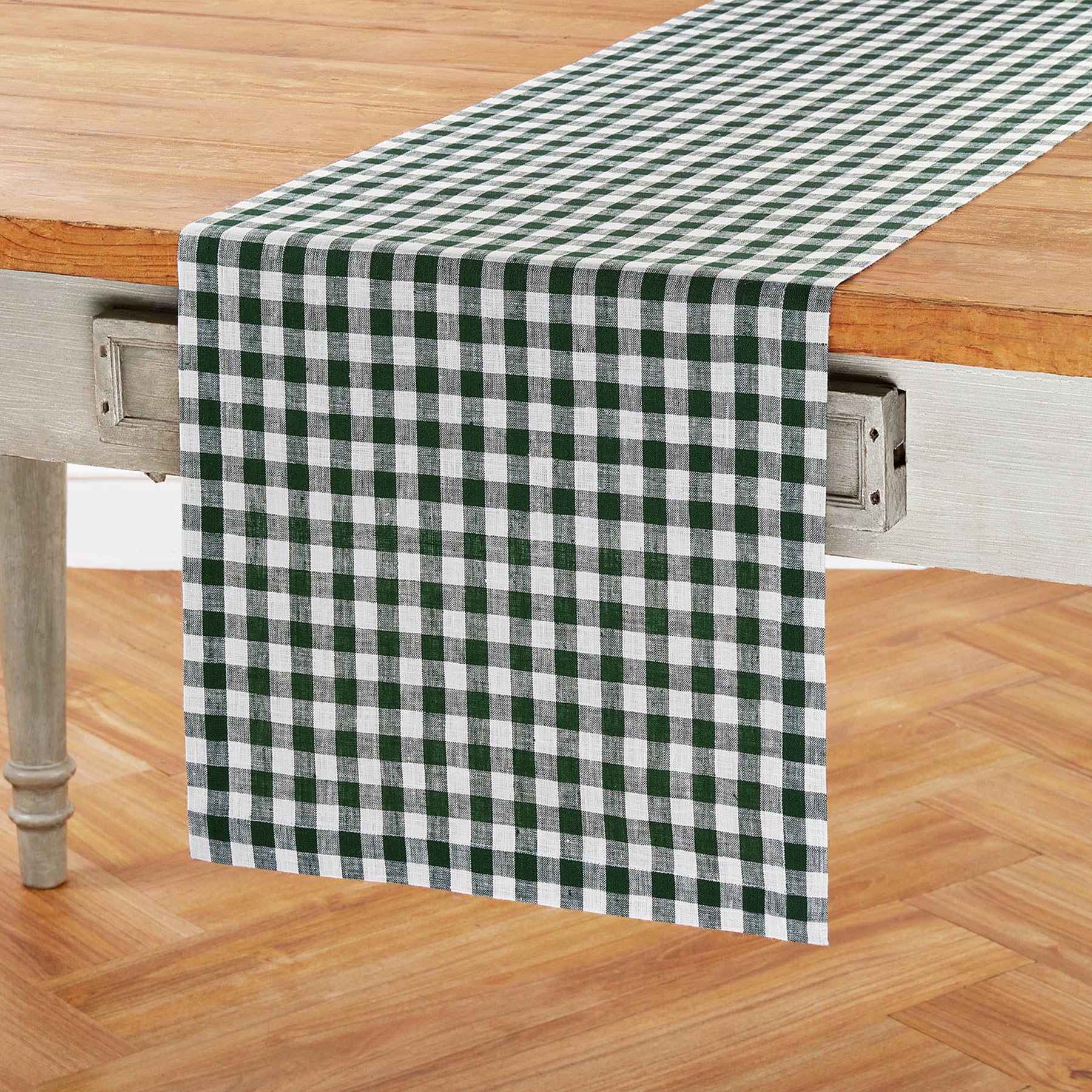 Solino Home Check Linen Table Runner 90 Inches Long - 100% Pure Linen Green Plaid Table Runner 14 X 90 Inch Ideal For Wedding, S