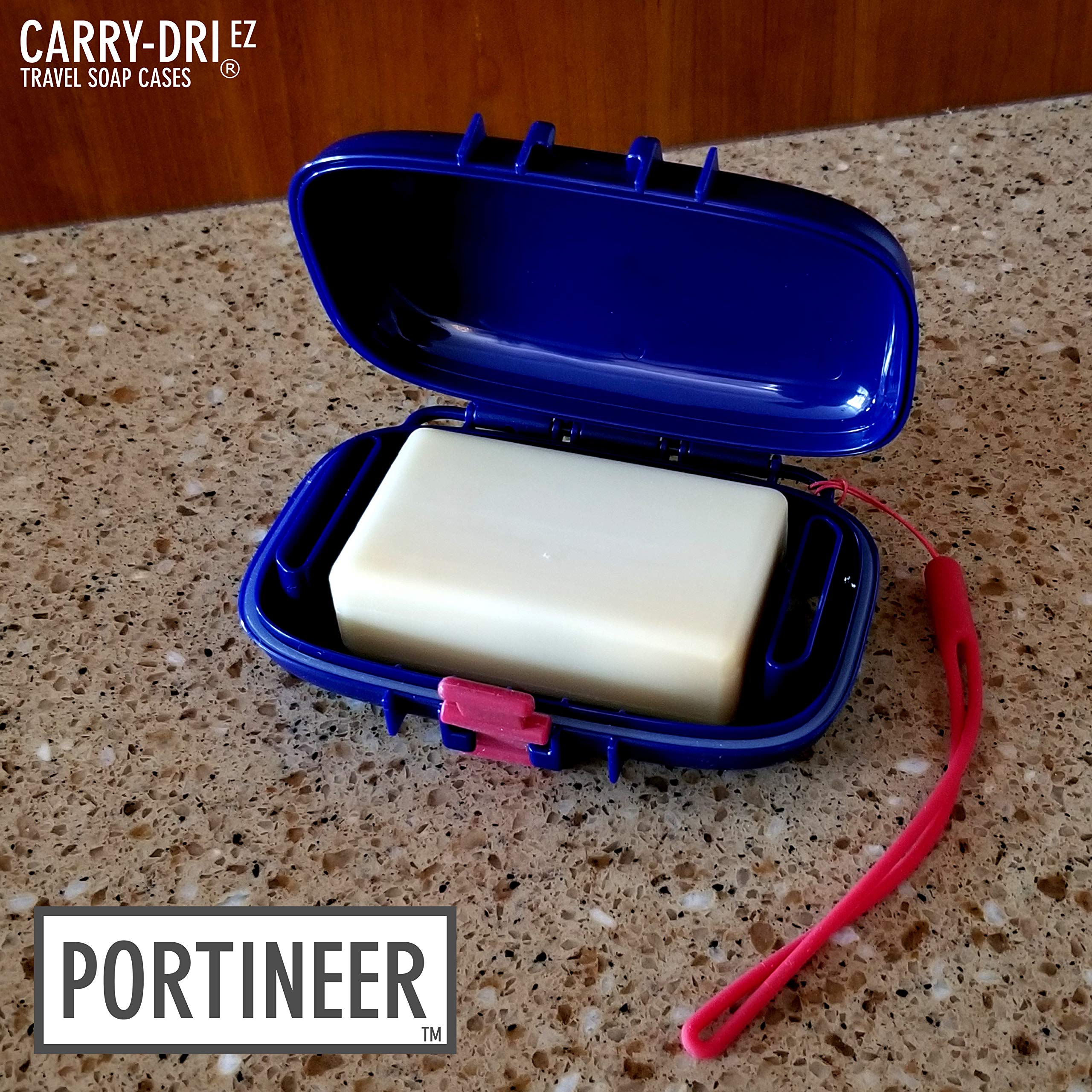 PORTINEER Carry-Dri EZ Travel Soap Container Soap Bar Case Lets Soap Dry with Lanyard  Silicone Closure  Soap Holder Travel  Leakproof Soap Box with Patented Vents  Travel Soap Dish  Blue - Red