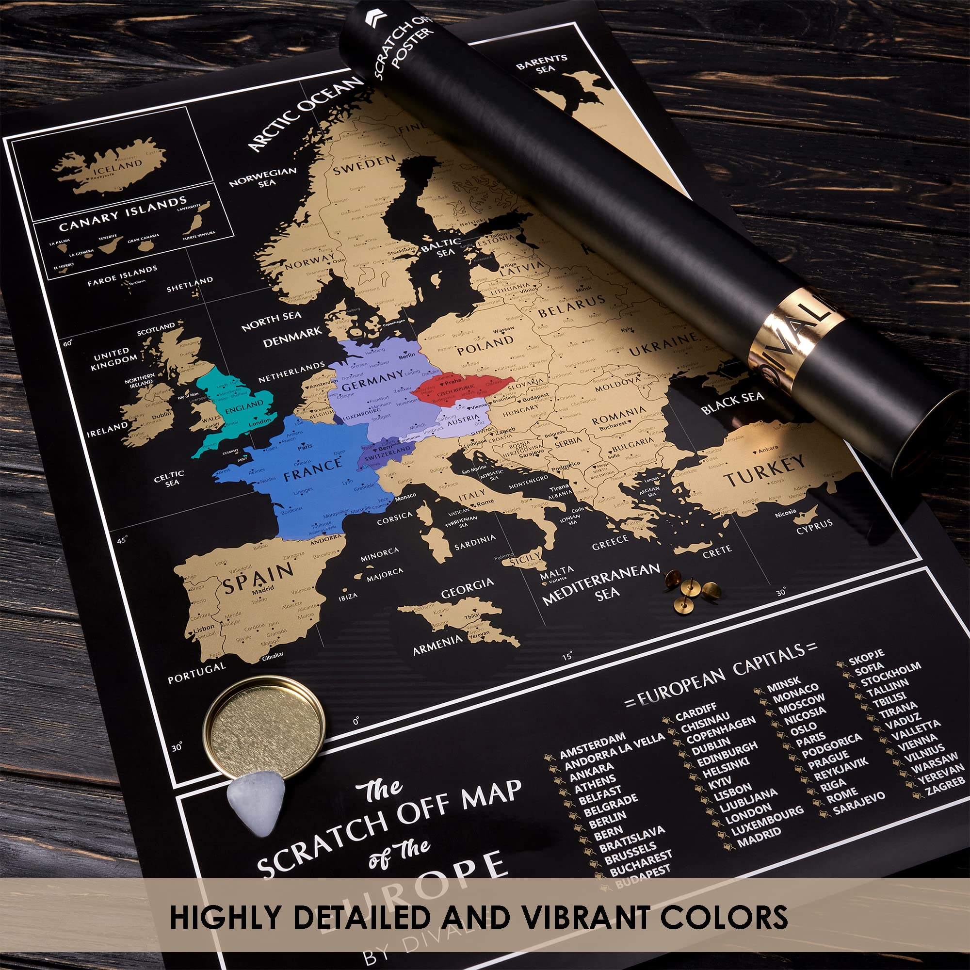 Detailed Scratch Off Map Of The Europe - Easy To Frame 24 X 16 European Travel Map Poster With Cities - Large Black And Gold Pus