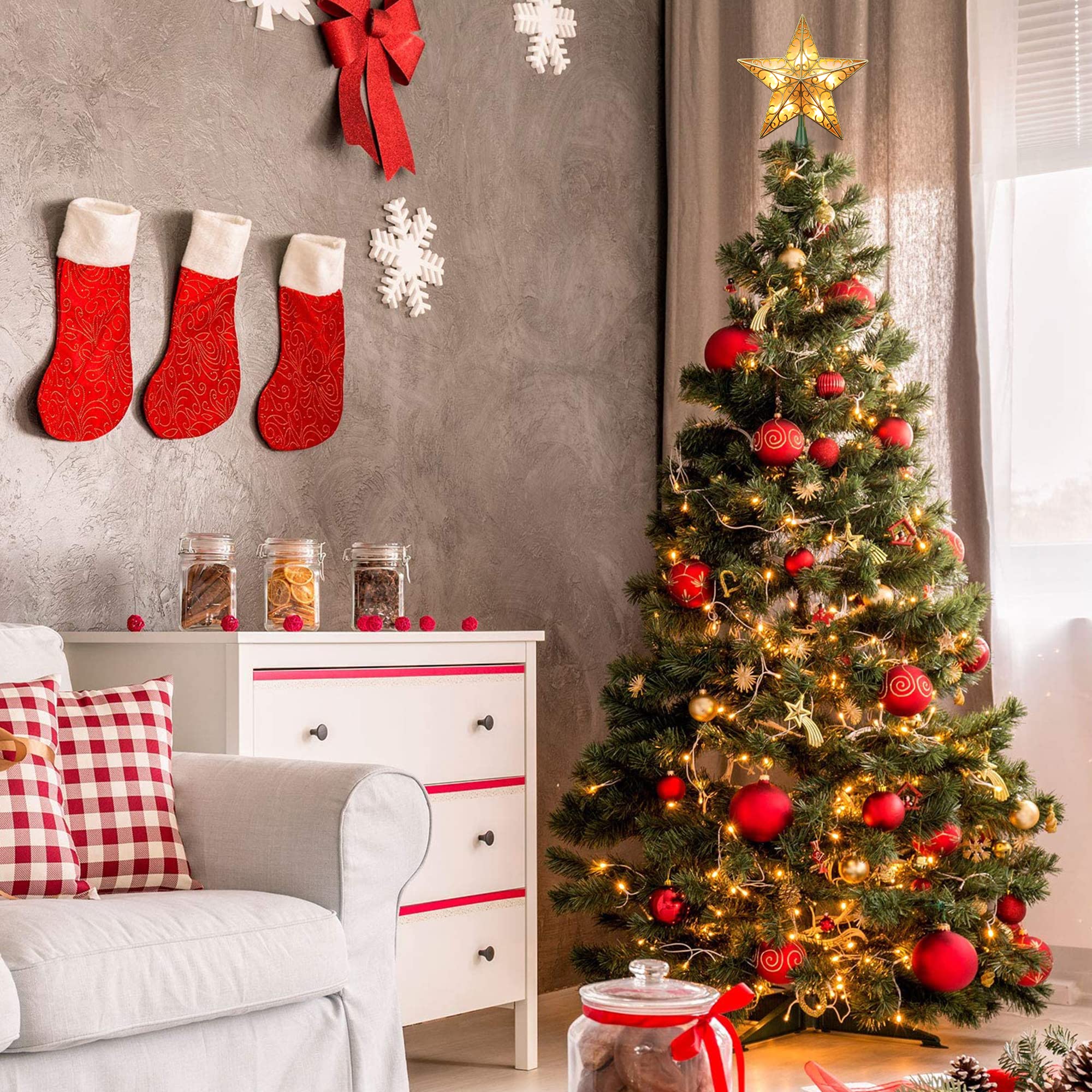 ODEERTONIC Gold Star Tree Topper, 8in Triple Layer Hollow-Out Star Tree Topper, 10 LED Warm White Christmas Tree Topper, Treetop