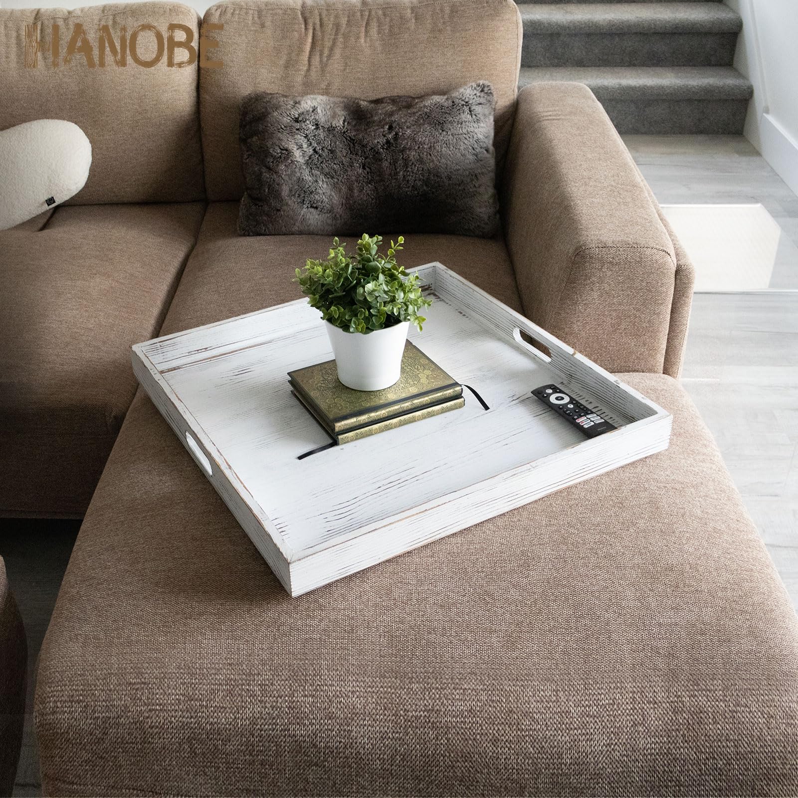 Hanobe Square Large Ottoman Tray: Extra Large Serving Tray With Handles Rustic Wood Whitewash Decorative Coffee Table Trays Farm