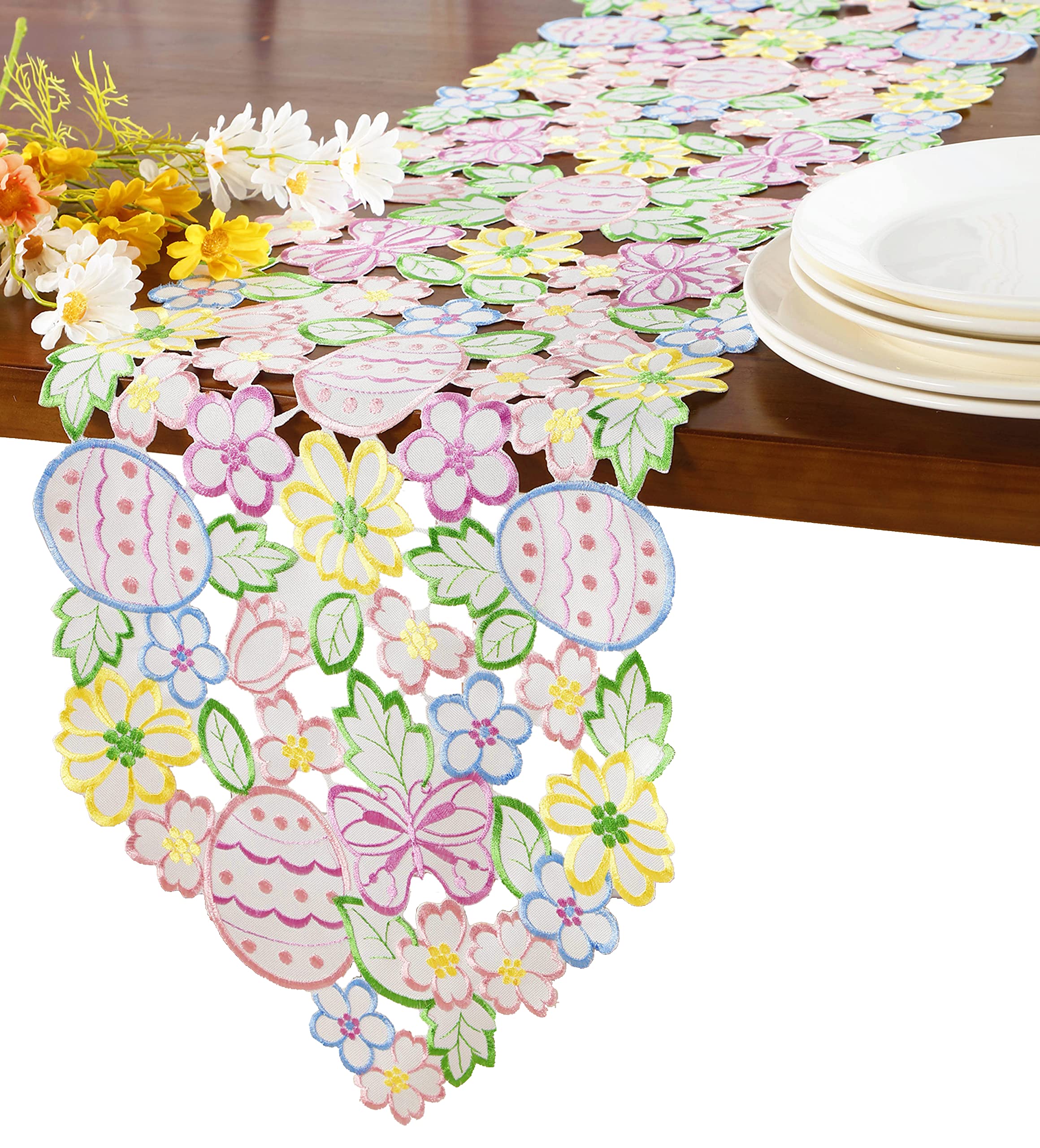 Easter Spring Table Runner 13''  68'' Cutwork Embroidered Eggs Flowery Floral Eggs Dresser Scarf For Home Kitchen Dining Spring
