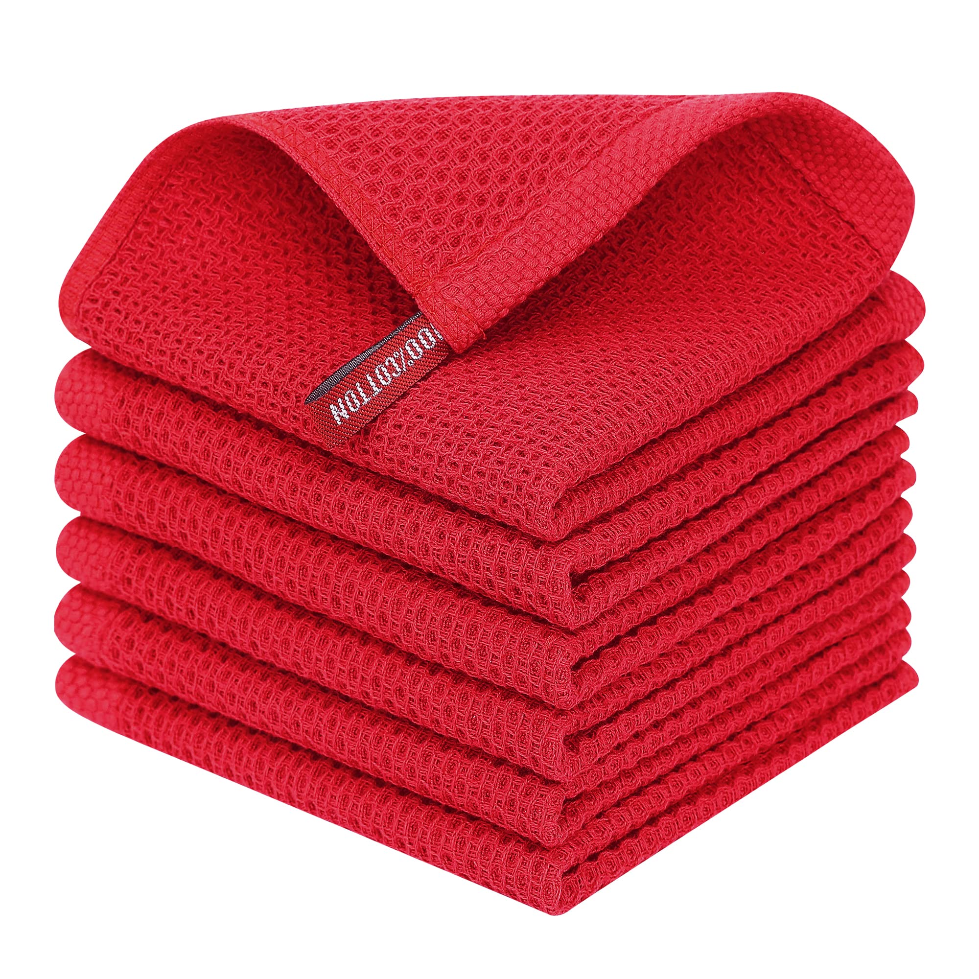 Homaxy 100% Cotton Waffle Weave Kitchen Dish Cloths, Ultra Soft Absorbent Quick Drying Dish Towels, 12 X 12 Inches, 6-Pack, Red