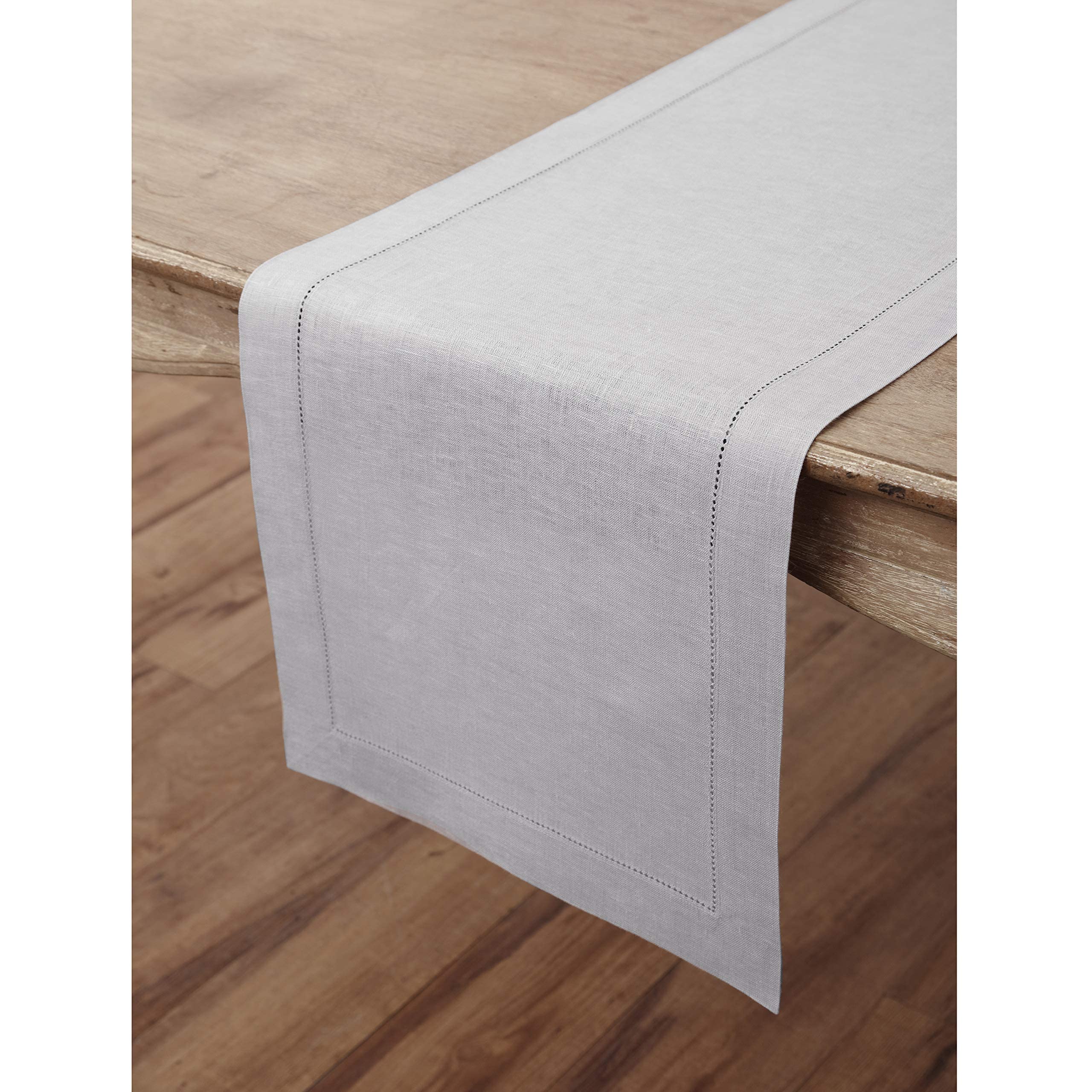 Solino Home Linen Soft Grey Table Runner 60 Inch - 100% Pure Linen Classic Hemstitch Short Table Runner 14 X 60 Inch Ideal For D