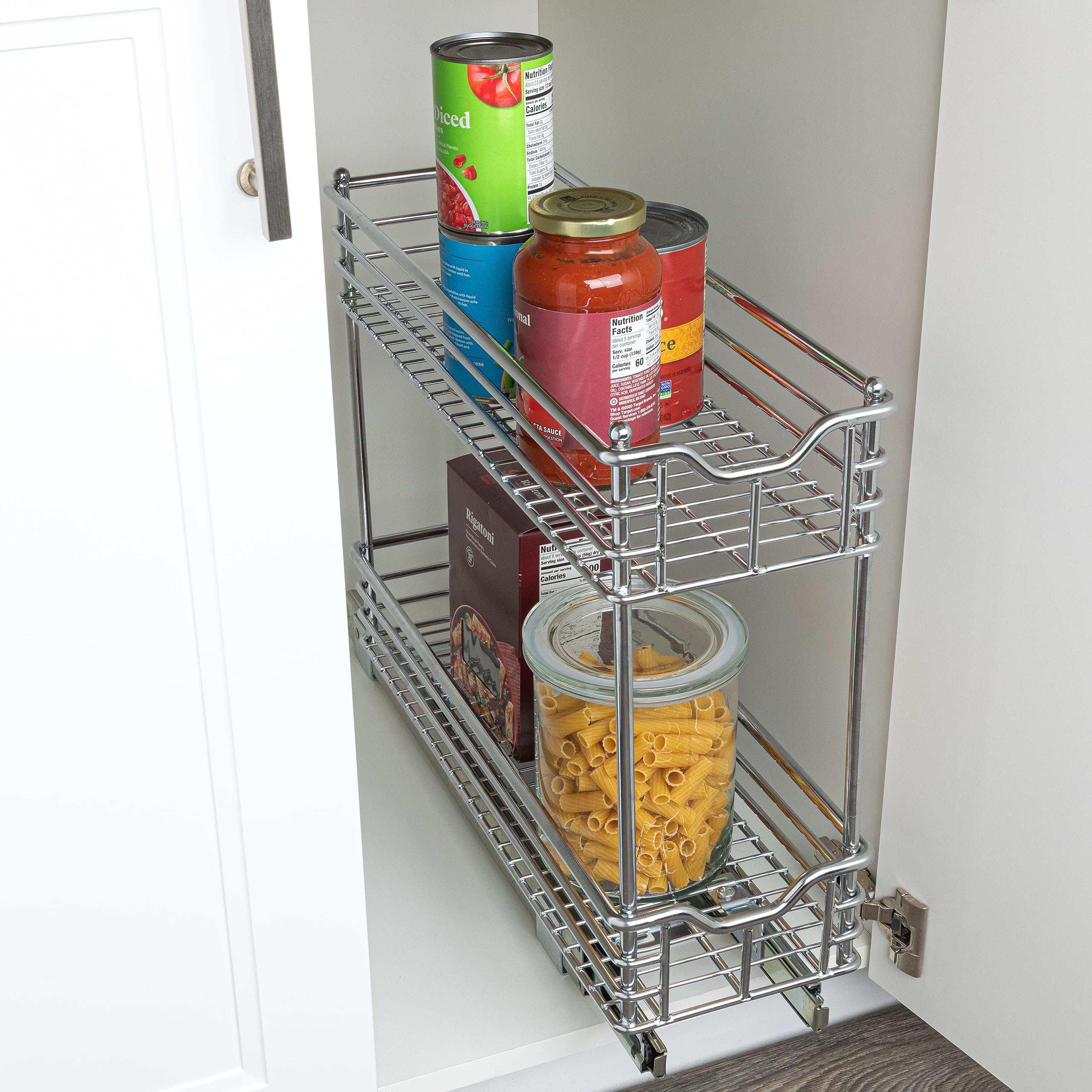 Household Essentials Narrow Sliding Cabinet Organizer, Two Tier Chrome Organizer, Chrome, Great For Slim Cabinets In Kitchen, Ba