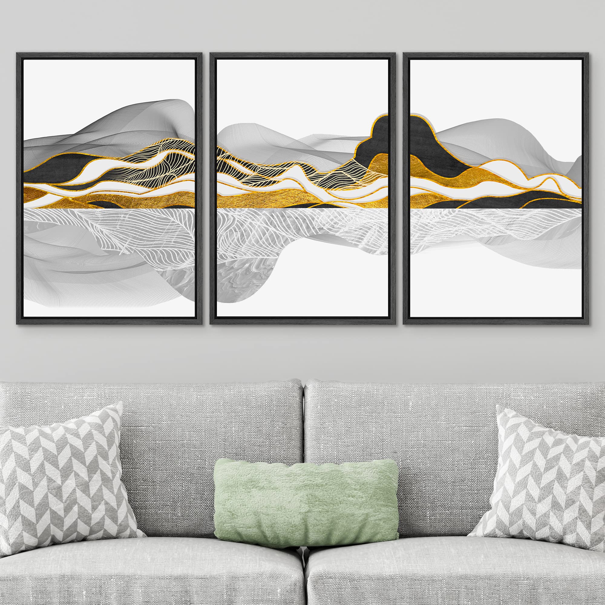 Signwin Framed Canvas Print Wall Art Set Gold Marble Wave Mountain Range Nature Wilderness Illustrations Modern Art Decorative N