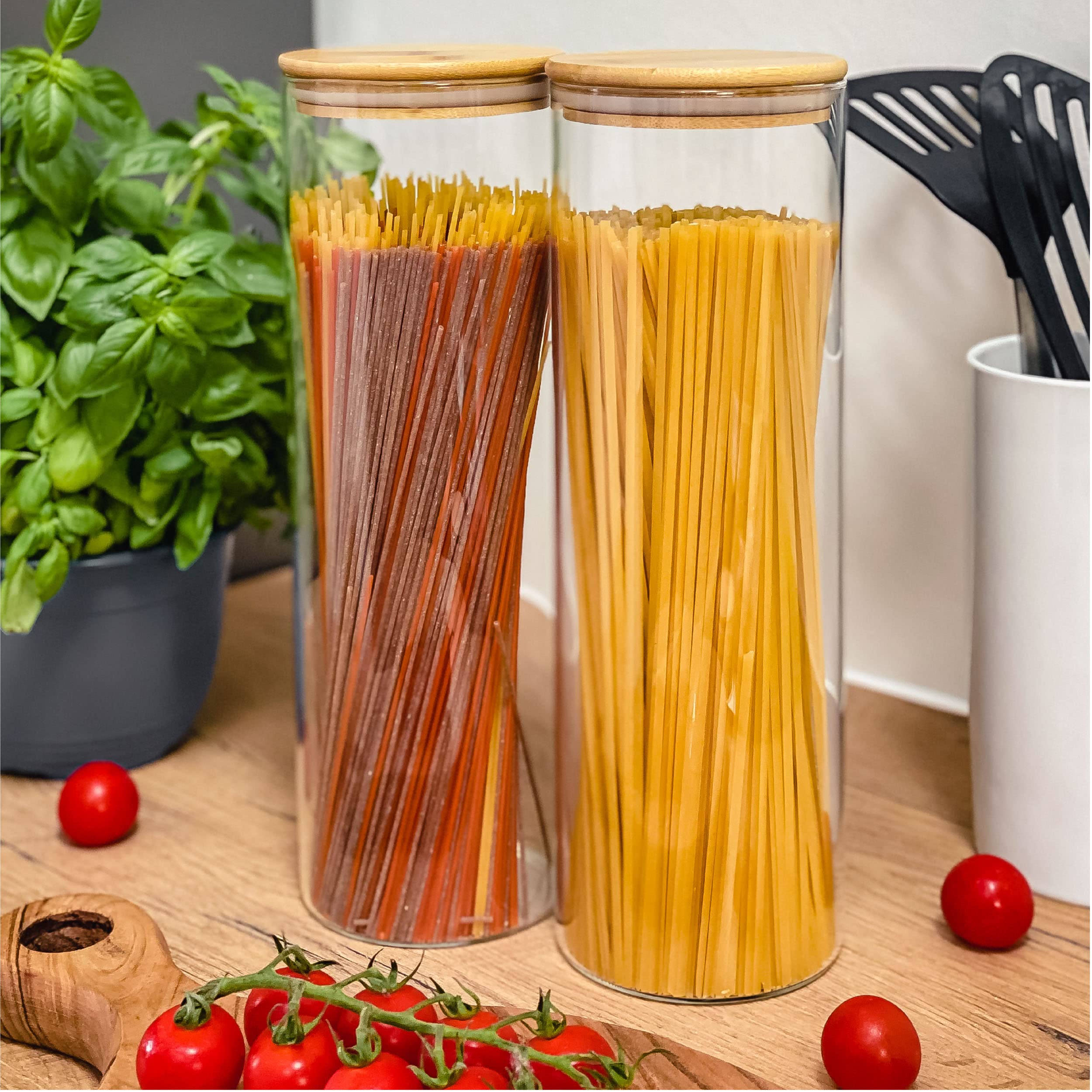 Spaghetti Storage Jar Glass With Lid 64Oz - Airtight - With 2 Extra Silicone Seals - Dishwasher Safe - 12In Tall