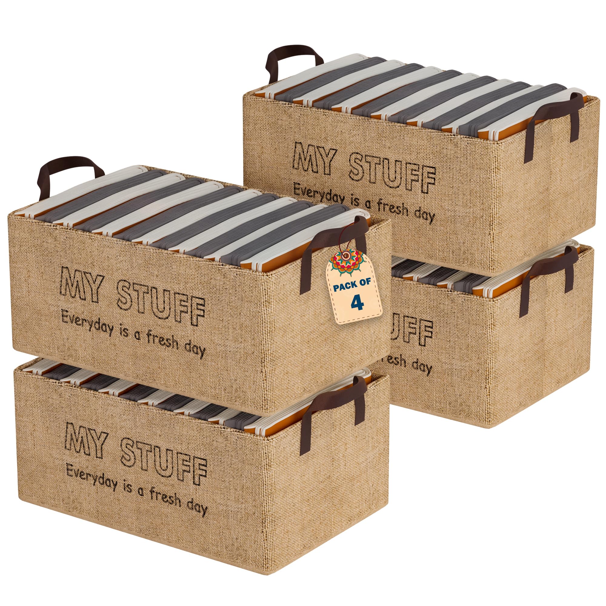 Urbane Home Pack Of 4 Foldable Jute Storage Box For Clothes | Dress & Towel Organiser For Wardrobe | Collapsible Container Baske