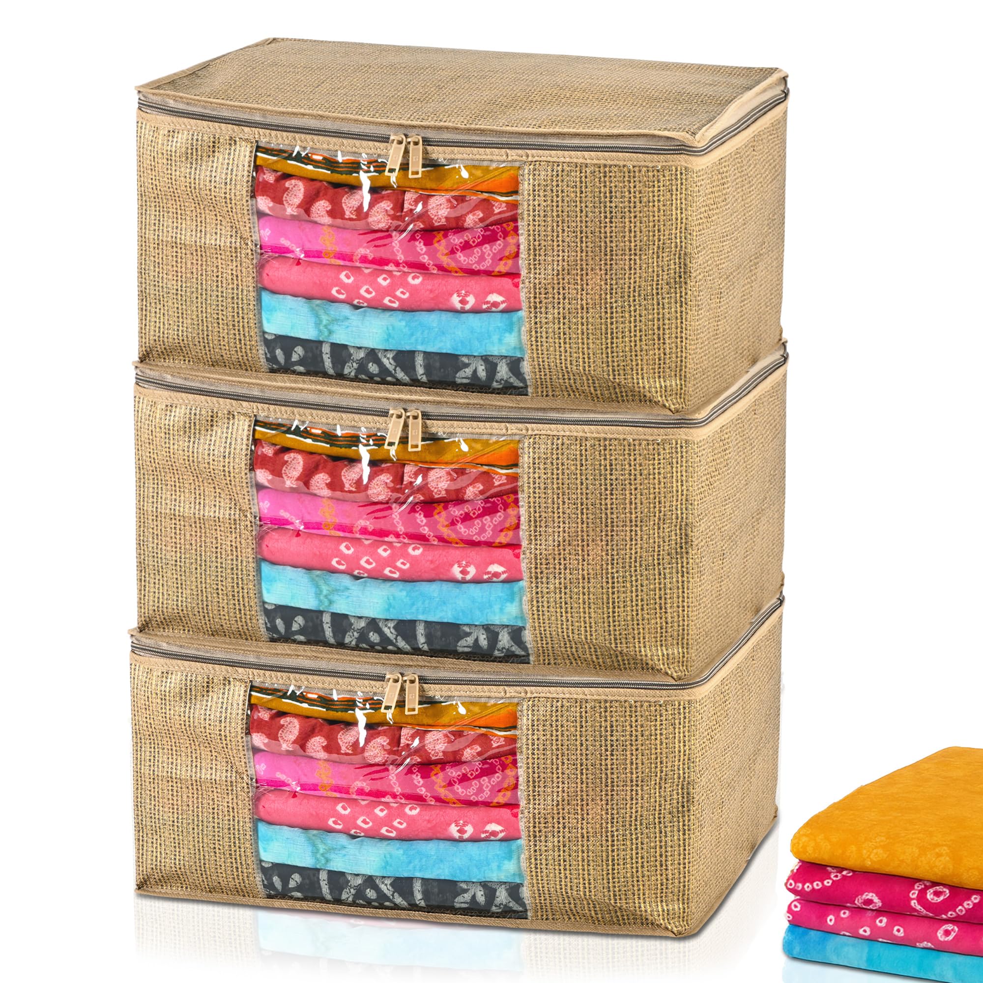 Kuber Industries 3 Pcs Non Woven 9 Inch Saree Covers For Storage With Zip Transparent | Saree Organiser For Wardrobe & Suitcase 
