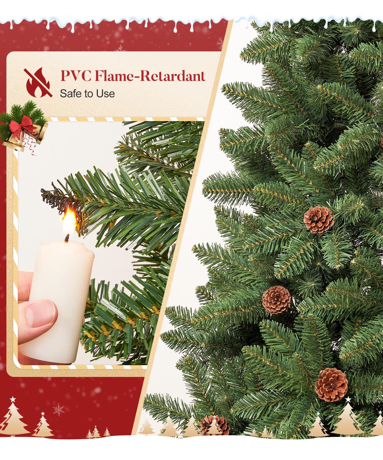 Decoway 5FT Artificial Christmas Tree: Unlit Green Xmas Pine with Pinecones and Metal Stand for Indoor - Holiday Decoration for