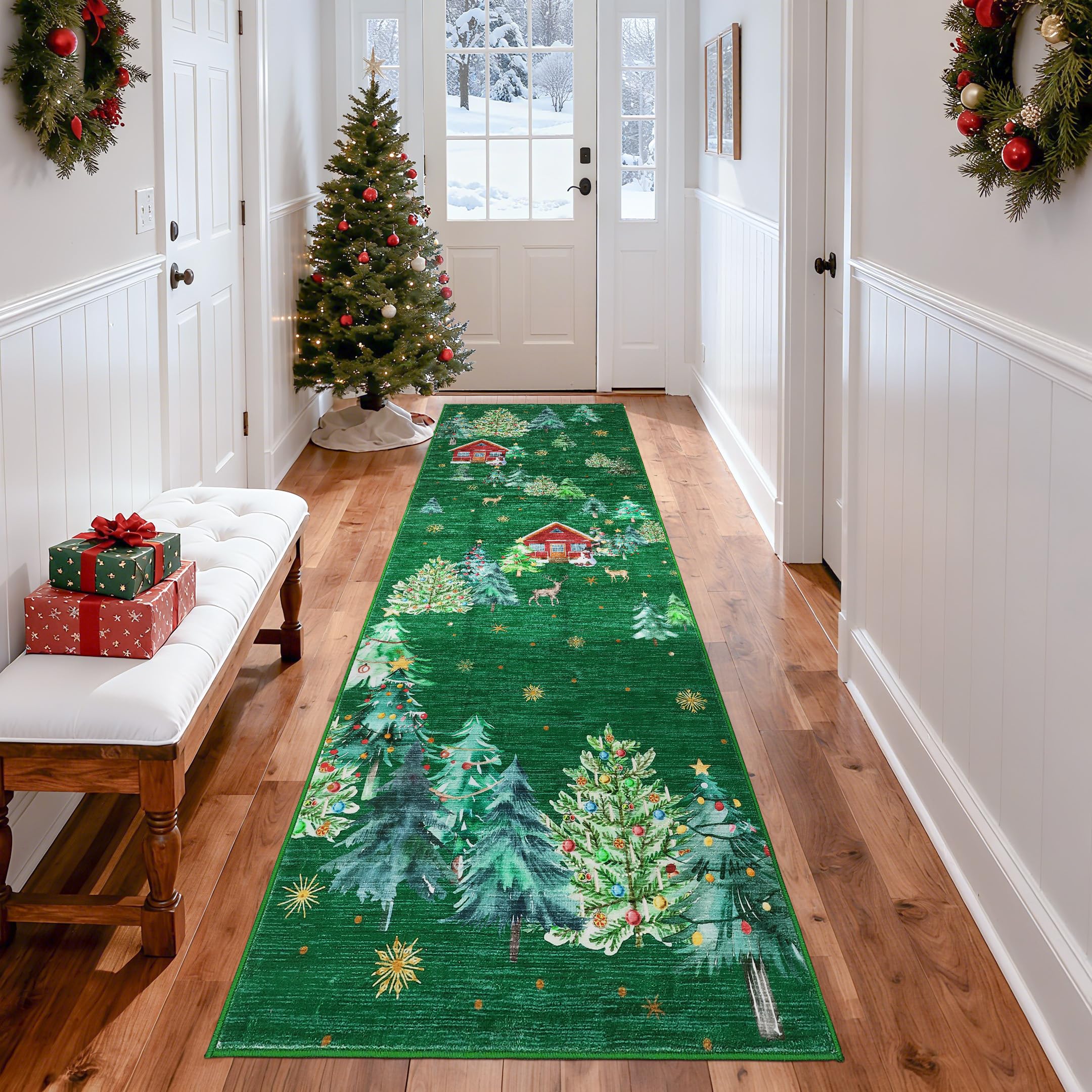 GarveeHome Christmas Runner Rug for Hallway 2x10 Kitchen Rugs Non Slip Low Pile Entryway Rug Xmas Tree Bathroom Rugs Stain Resis