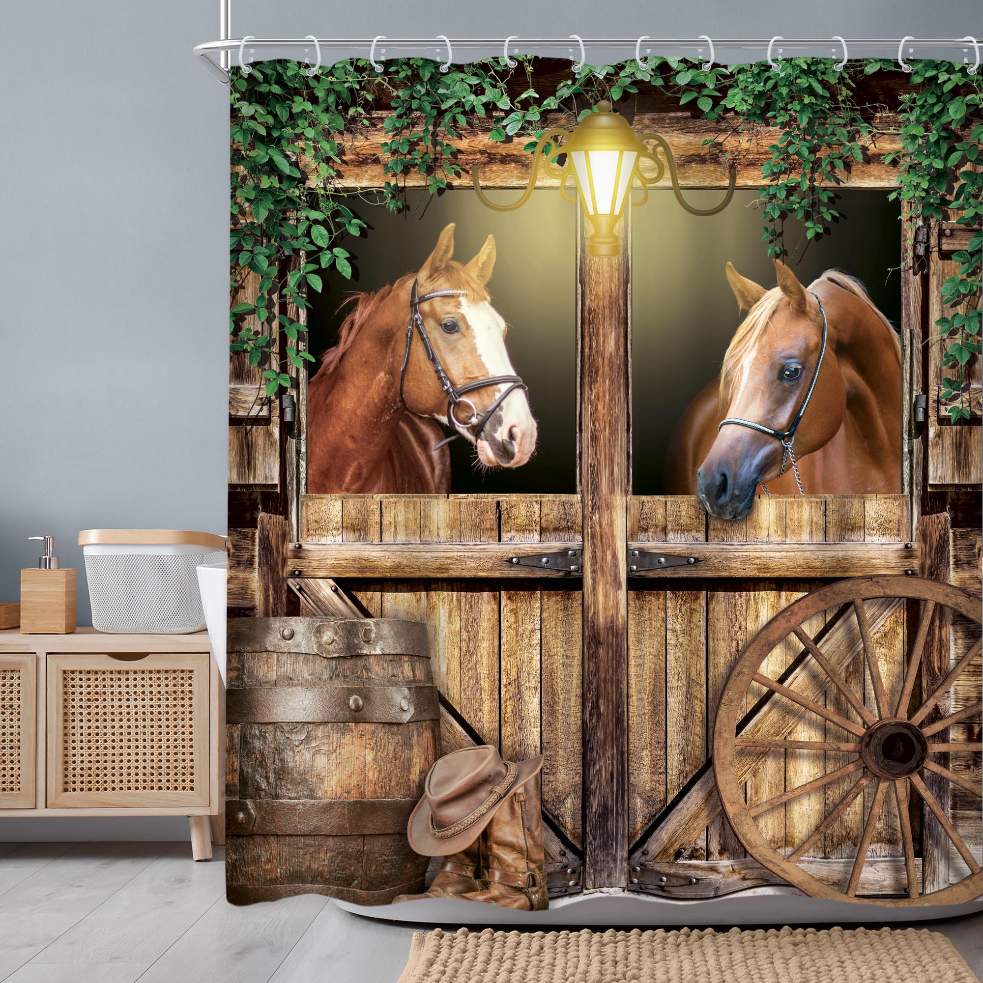 Newsely Western Horse Barn Door Shower Curtain 60Wx72H Inch Farmhouse Cowboy Old Wild West Green Leaves Shower Curtain Bathroom