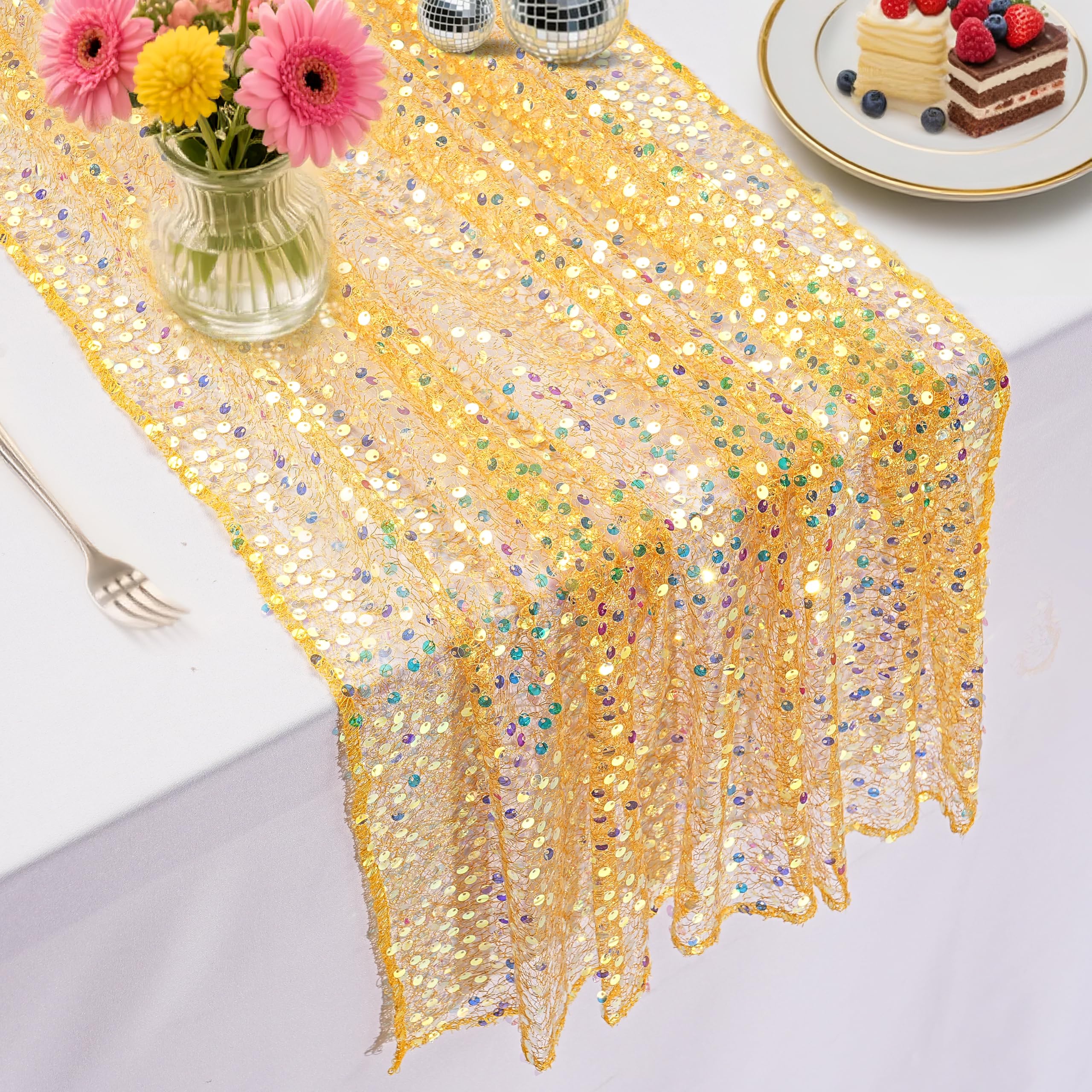 Gold Table Runner 25x120 Iridescent Sequin Table Runner Sparkly Glitter Fabric for Wedding Birthday Party Thanksgiving Day Decor