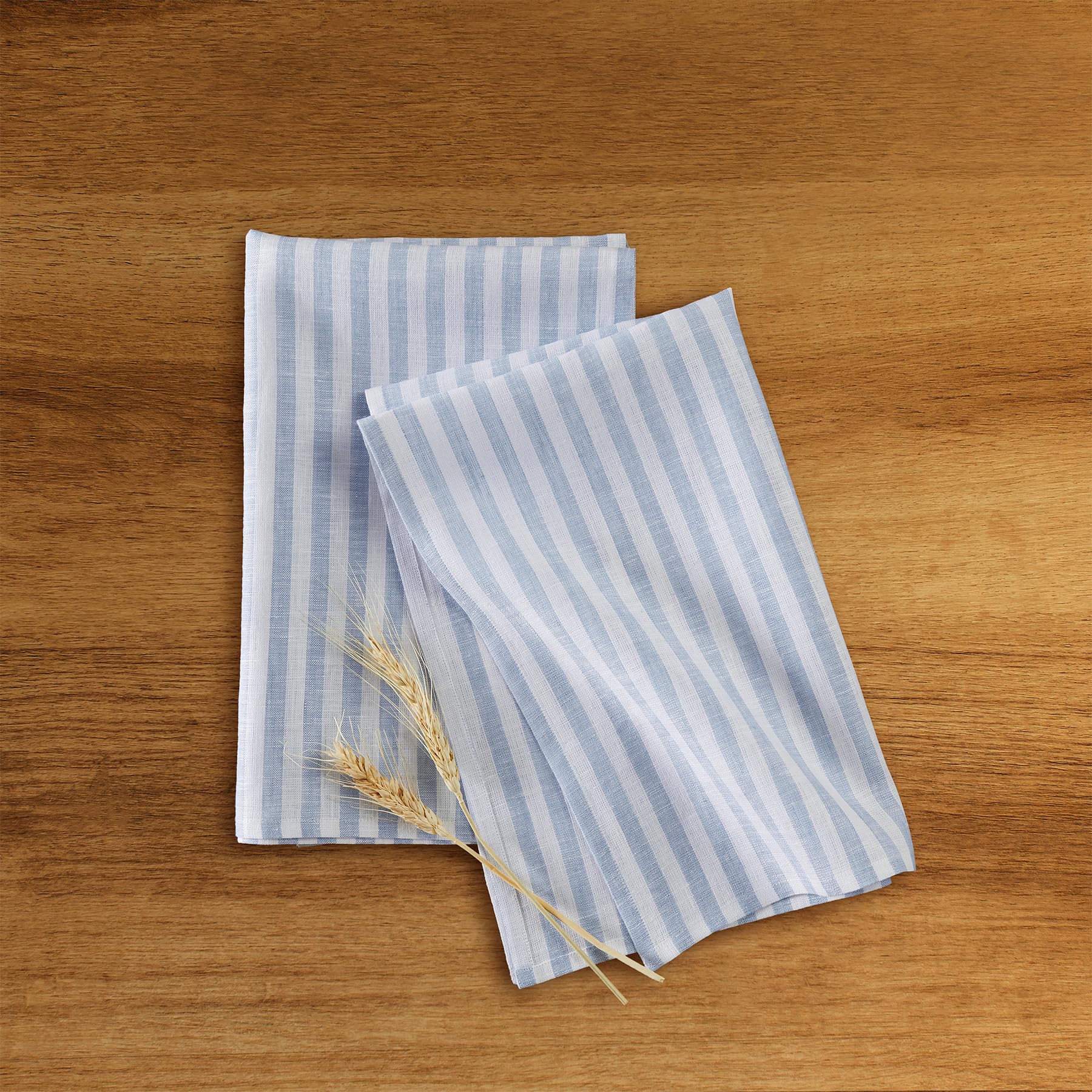Solino Home Linen Kitchen Towels Set Of 2 - Sky Blue And White 17 X 26 Inch - 100% Pure Linen Amalfi Stripe Kitchen/Tea Towels -