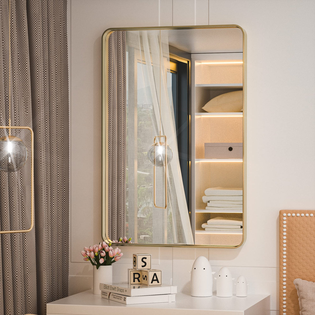 Tetote Brushed Gold Bathroom Mirror, 24 X 36 Inch Metal Framed Mirror, Brushed Brass Rectangle Wall Mounted Golden Vanity Mirror