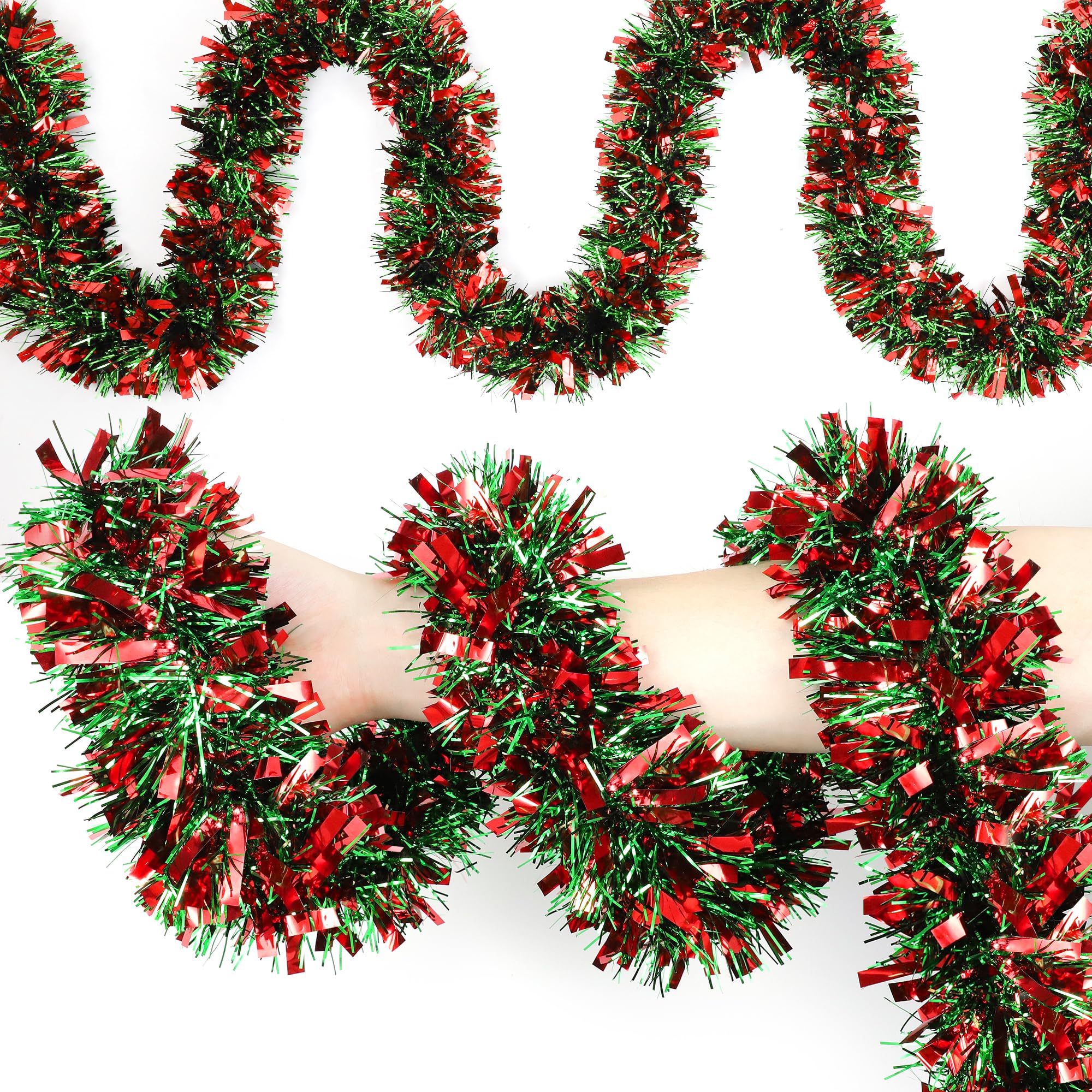 50Ft Red Green Christmas Tinsel Garland Xmas Tree Decorations Metallic Glitter Tinsel Twist Hanging Garland for Indoor Outdoor C