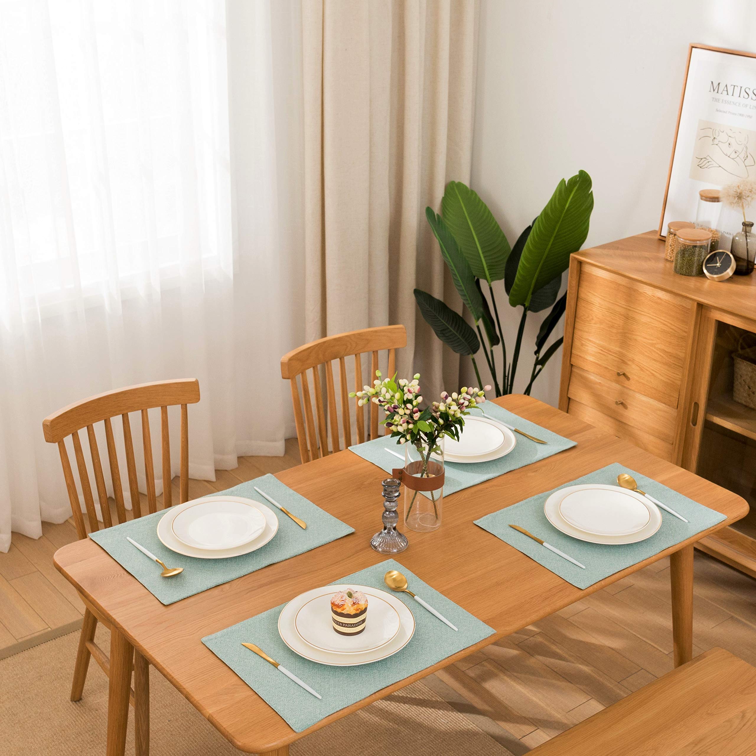 Heat Resistant Placemats Machine Washable - Spring Garden Home Party Decorative Woven Dining Table Mats Set of 4  Teal