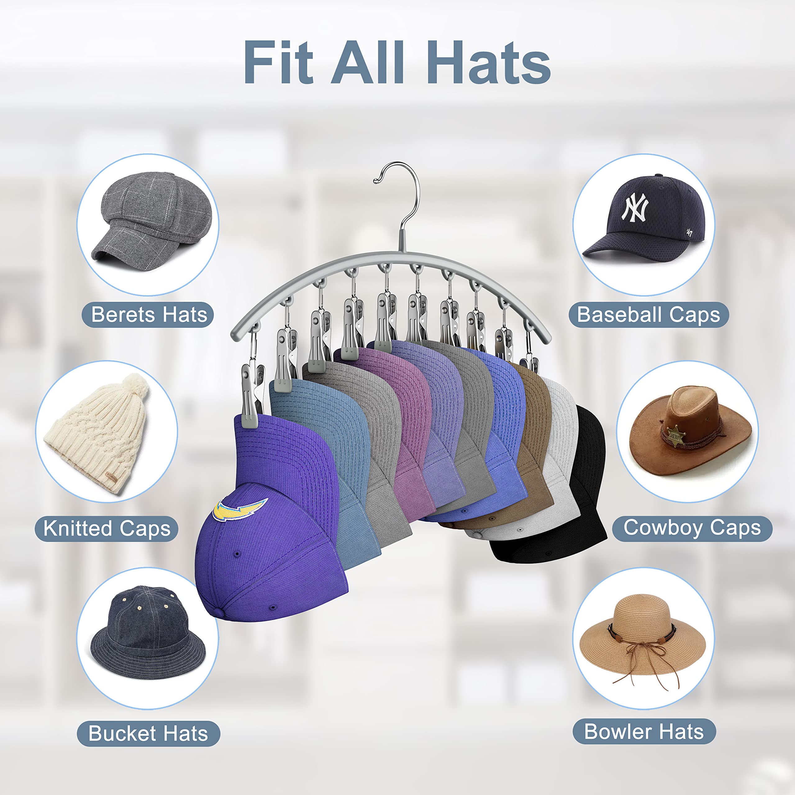 Yecuip Hat Hangers For Closet, Metal Hat Organizer For Baseball Caps 2 Pack Door Hat Racks For Baseball Caps With 10 Large Clips