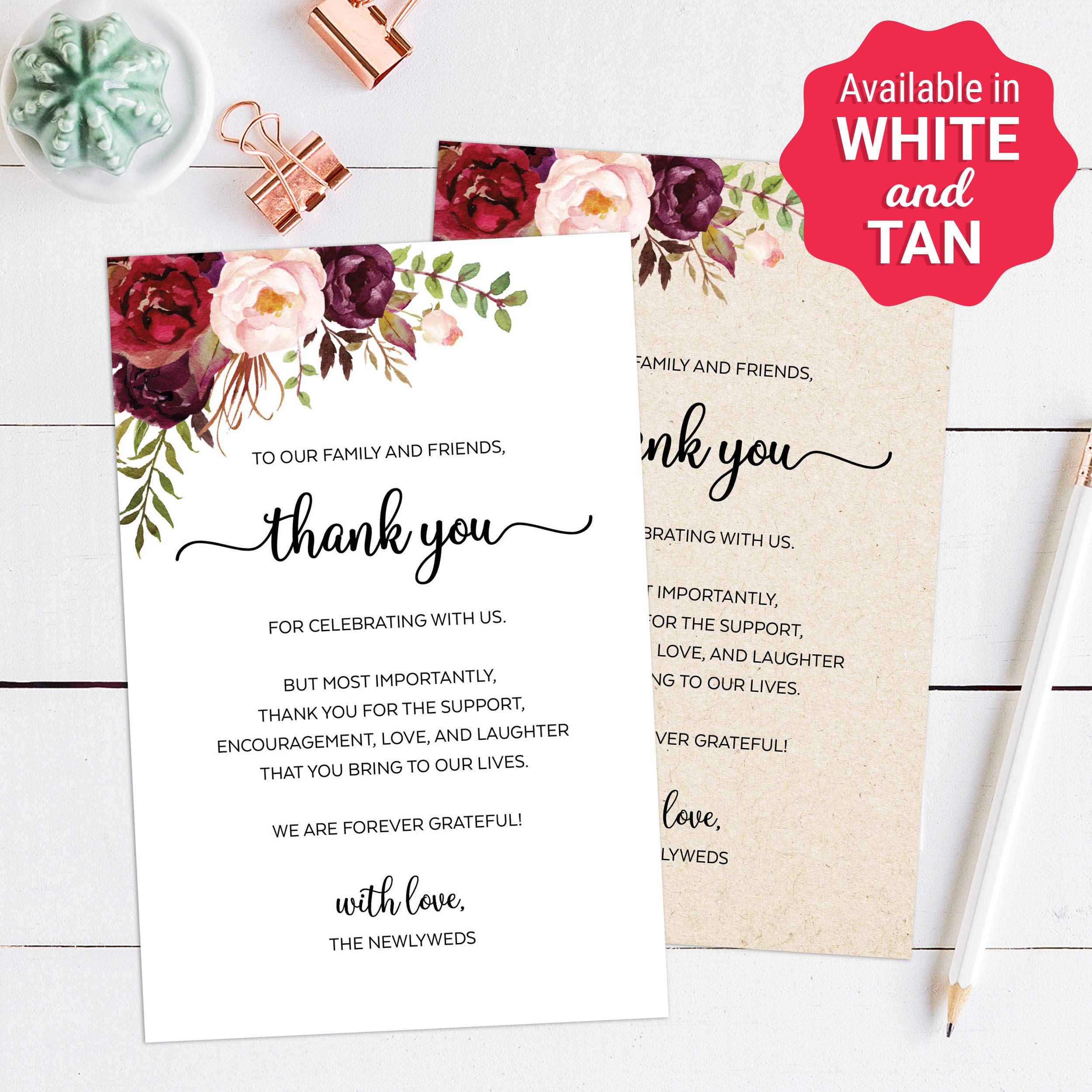 321Done Thank You Placecards For Wedding (Set Of 50) Large 4'' X 6'' Table Place Setting Cards - Made In Usa - Watercolor Red Ro