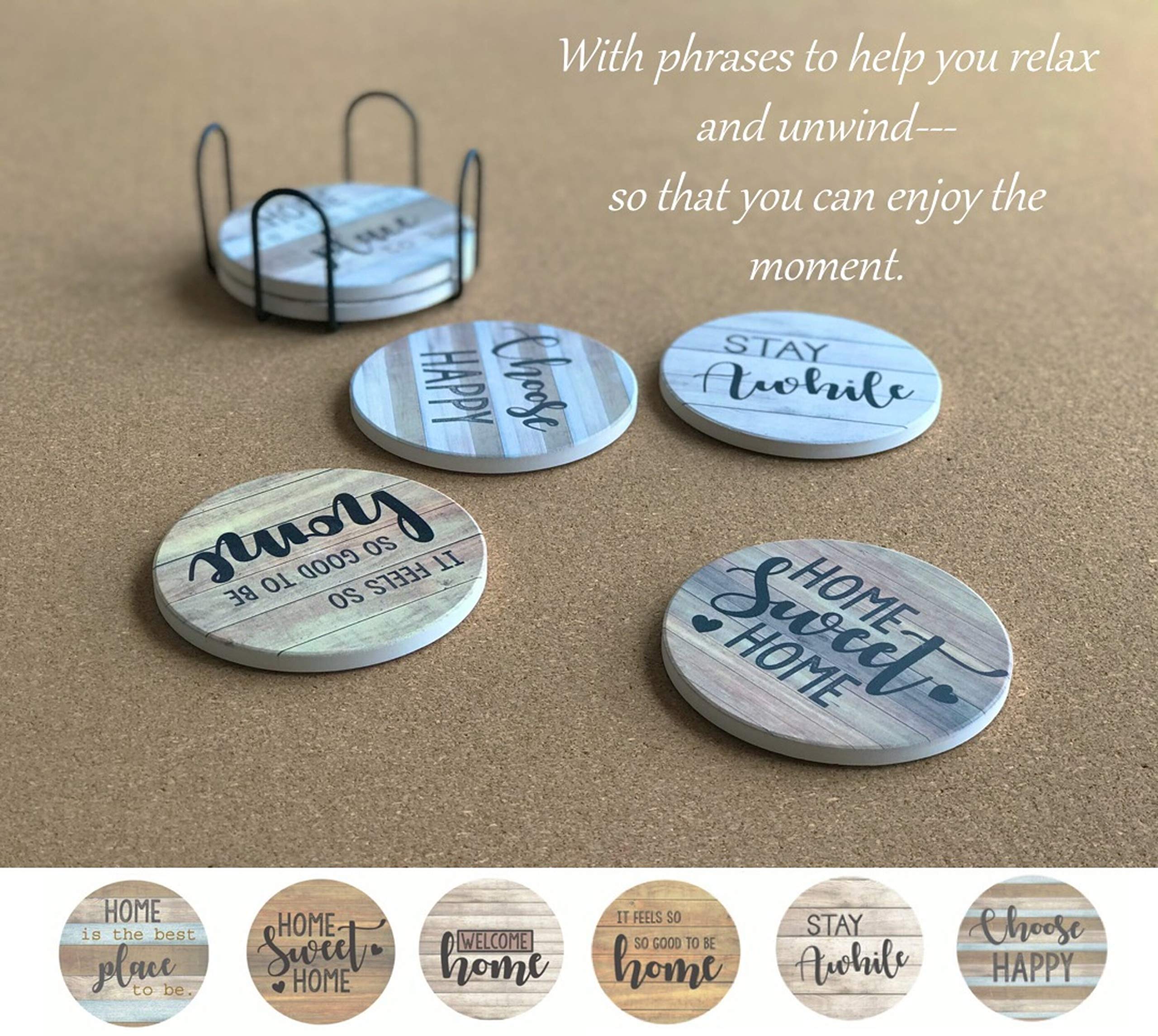 Panchh Rustic Farmhouse Stone & Cork Coasters For Drinks, Absorbent - Set Of 6 Coasters With Holder - Best Housewarming Gifts Fo