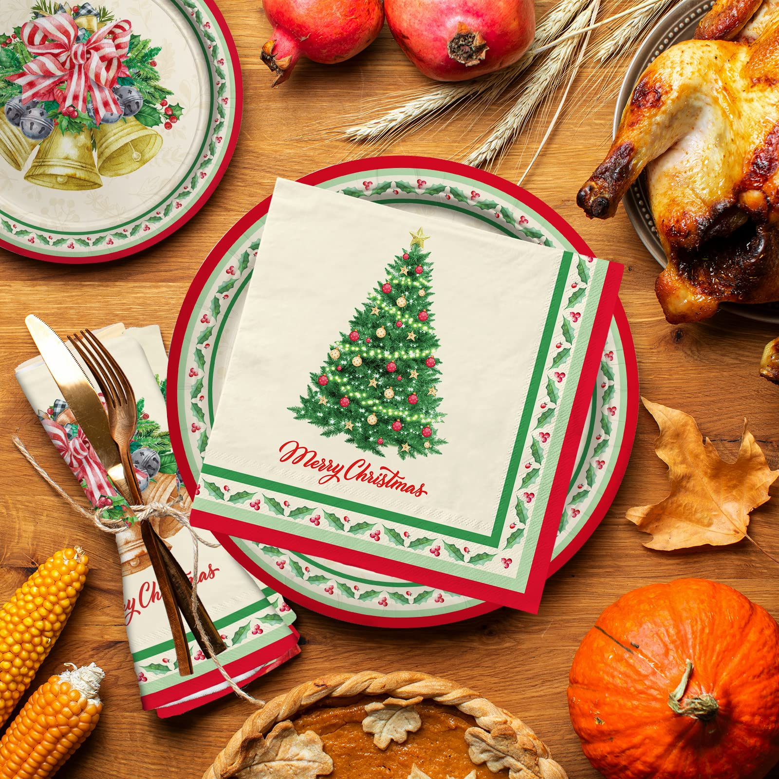 Gatherfun Christmas Party Supplies Kit, Serve 50, Christmas Tree Disposable Dinnerware Includes: Paper Dinner Plates, Dessert Pl