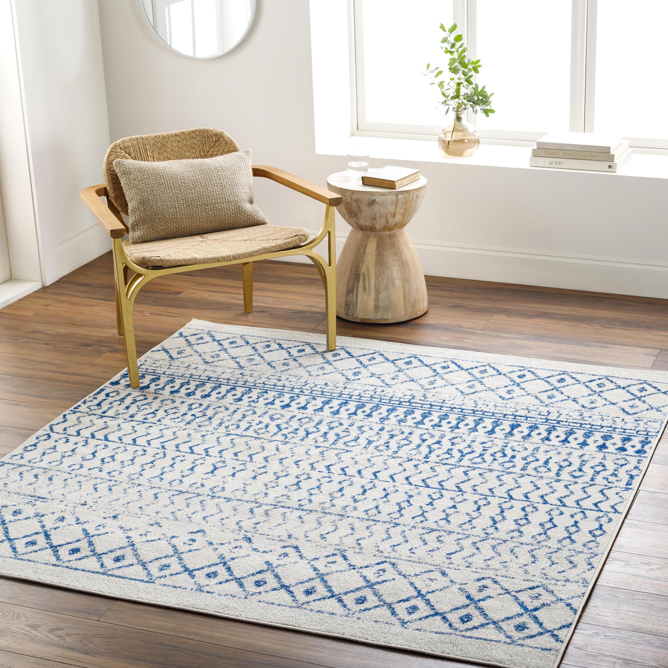 Livabliss Chester Boho Moroccan Area Rug, 6 Square, Cream/Royal Blue