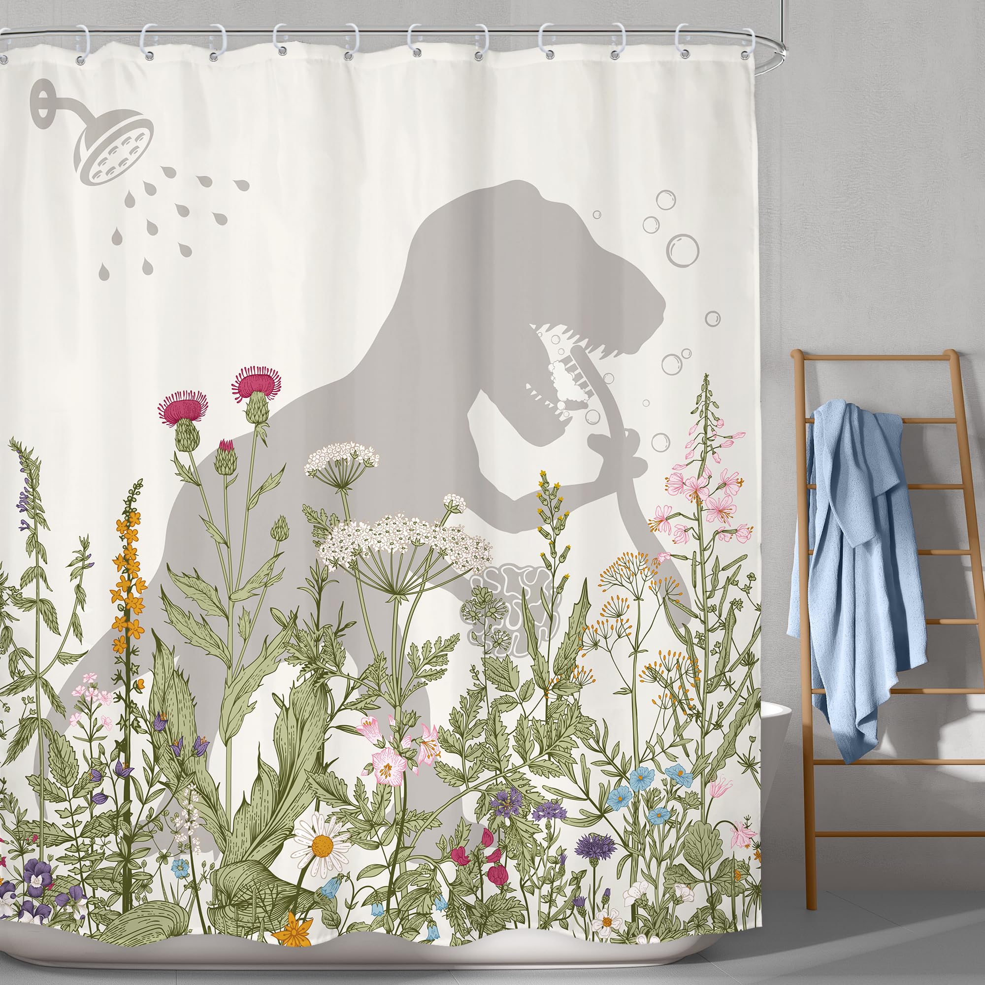 Lghtyro Wildflower Dinosaur Kids Shower Curtain Bathroom Set 71Wx71H Inches Funny Dino Silhouette Floral Rustic Plant Leaves Bot