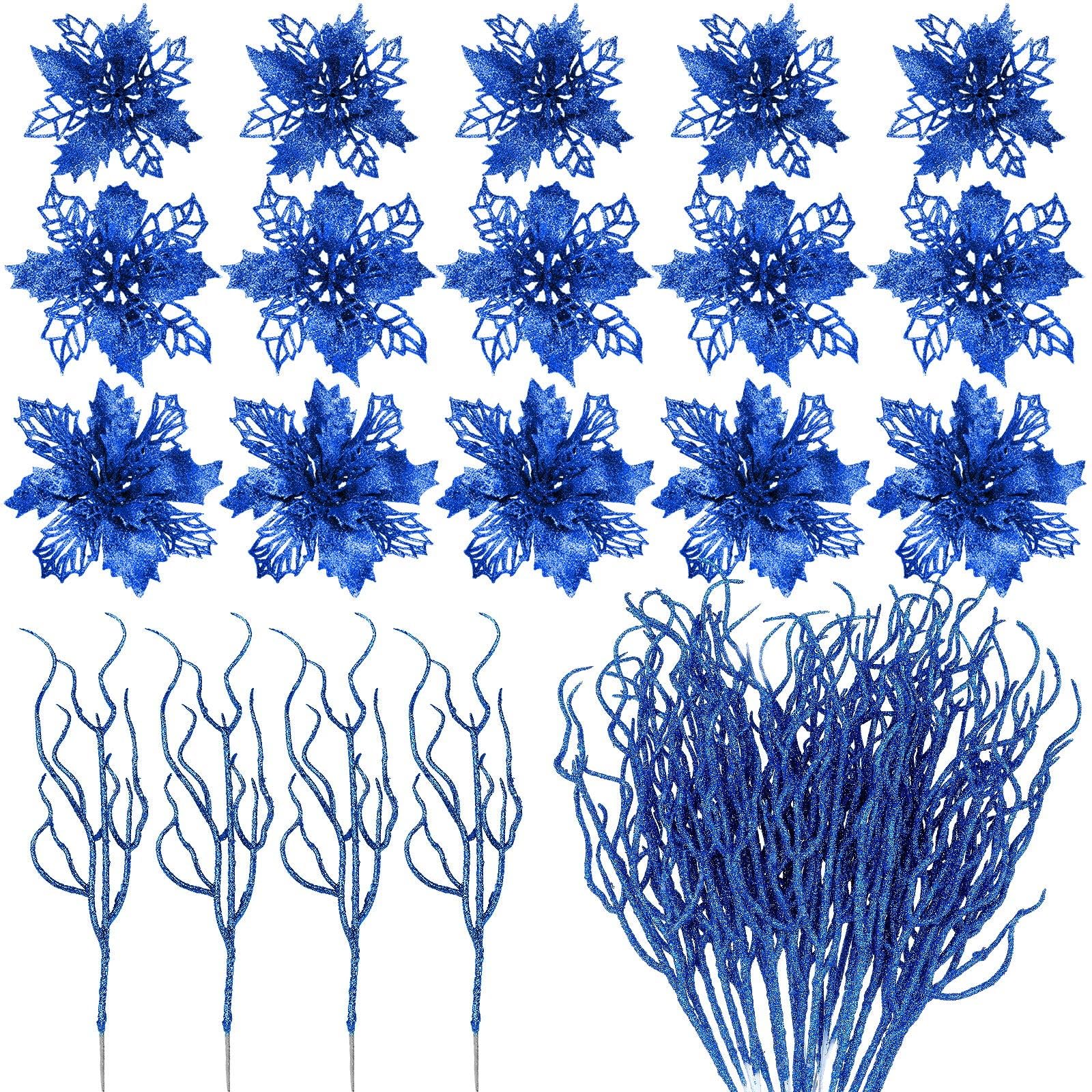 Yinder 48 Pcs Glitter Christmas Tree Filler Decorations Set 24 Pcs 13.7 Christmas Curly Spray Picks 24 Christmas Poinsettia Fl