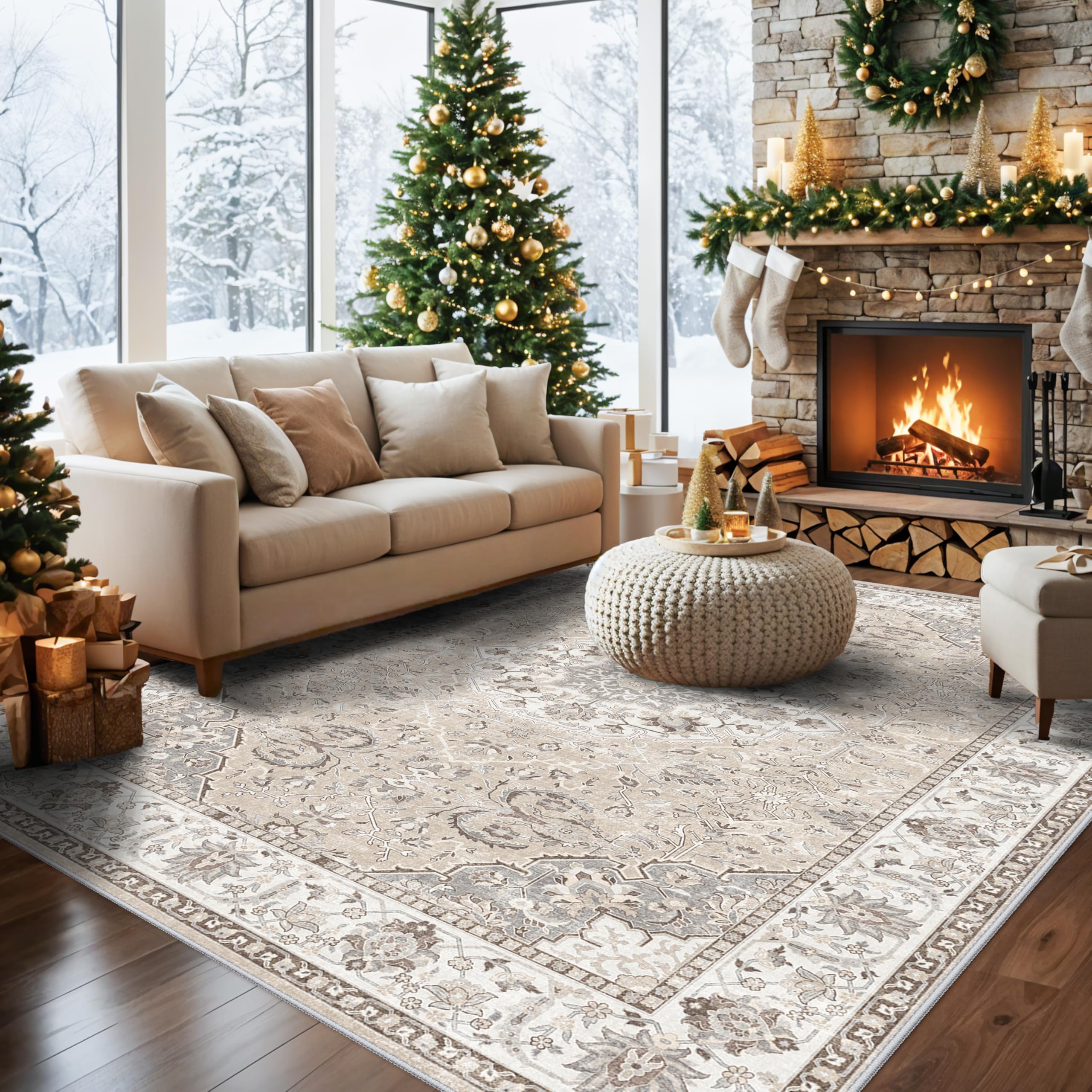 Washable 8x10 Living Room Rug: Oriental Water Resistant Rugs for Bedroom Dining Room Distressed Non Slip Ultra Soft Carpet for N