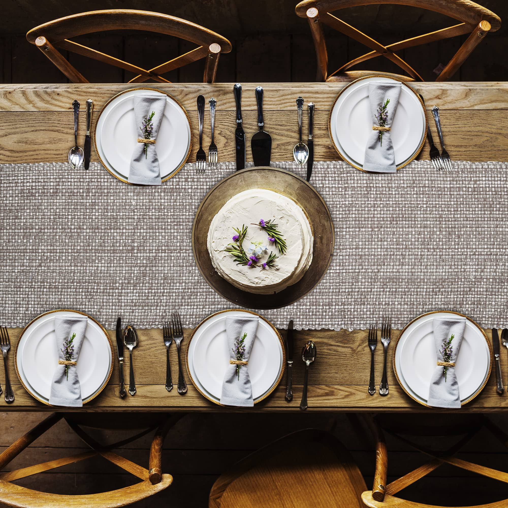Urban Villa, 100% Cotton Two Tone Table Runner,14''X 72'' Over Sized Taupe/White Two Tone Table Runner With Fringes, Every Day U
