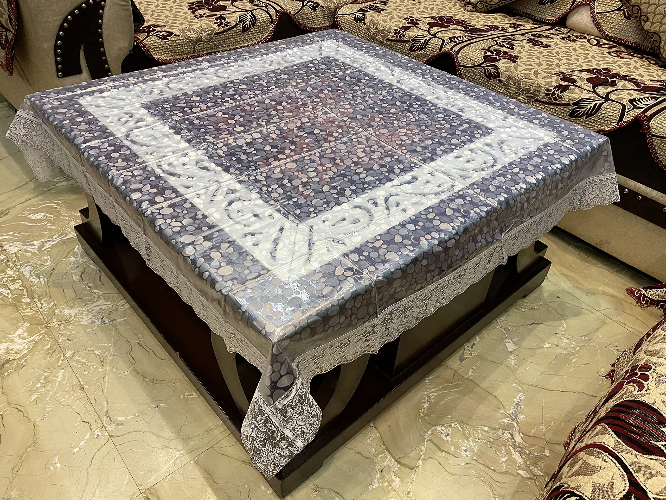 Jainco Decor Waterproof Transparent Table Cover 48x48 Inch for 4 Seater Square Dining Table PVC Stone Design Centre Table Cover