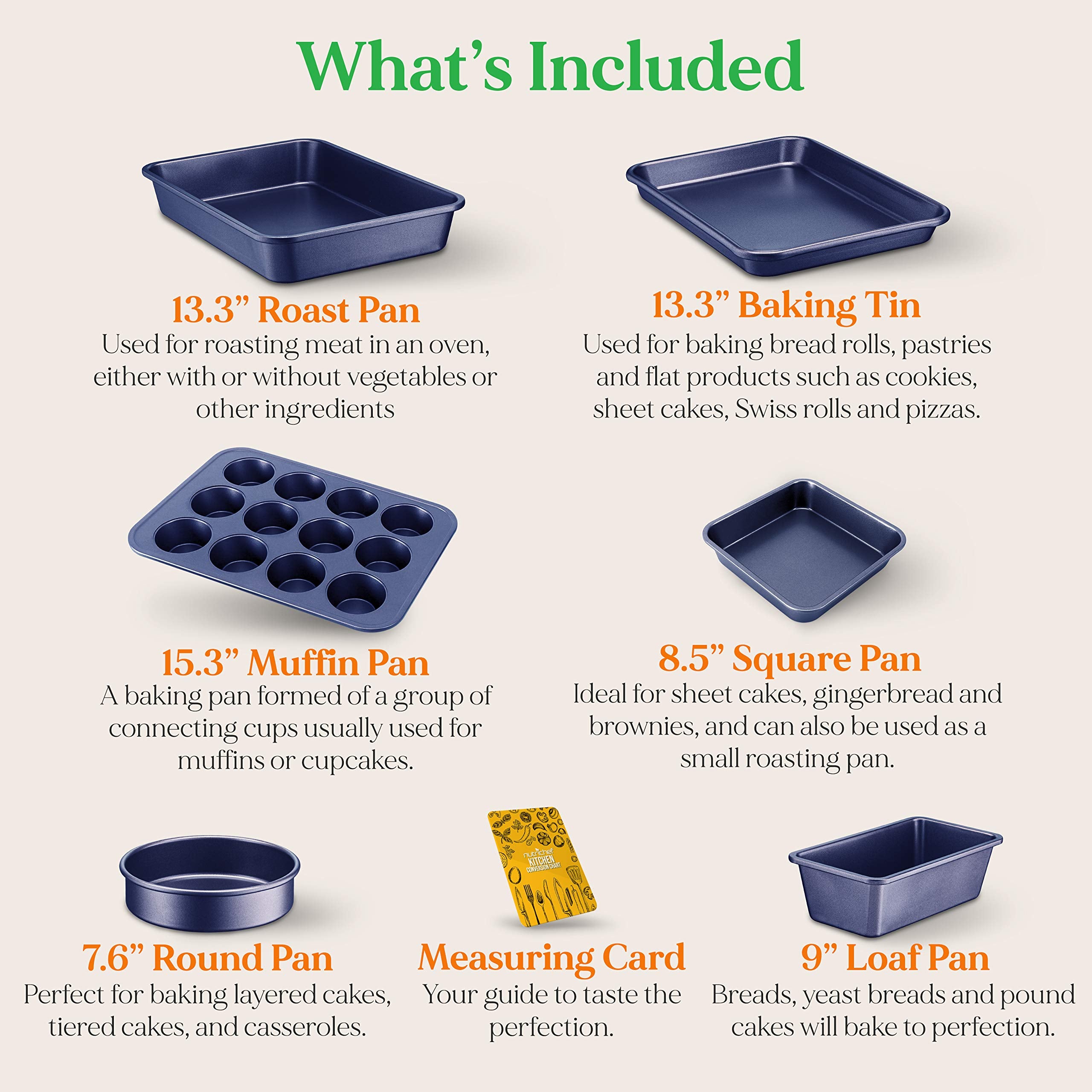 Nutrichef 6-Piece Non-Stick Baking Pans - Carbon Steel Baking Trays With Nonstick Coating - Includes Muffin Pan, Loaf Pan, Cooki