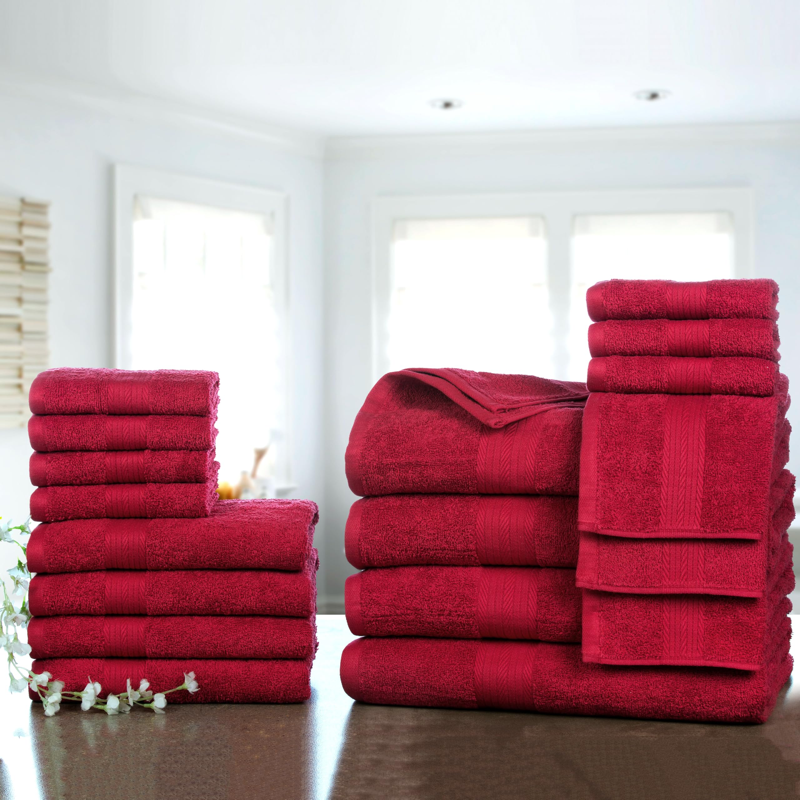 Ample Decor Bathroom Towel Set of 18-4 Hand Towel  4 Bath Towel  10 Wash Cloths 600 GSM 100% Cotton - High Absorbency Quick Drying  Ideal for Gifting - Christmas Red