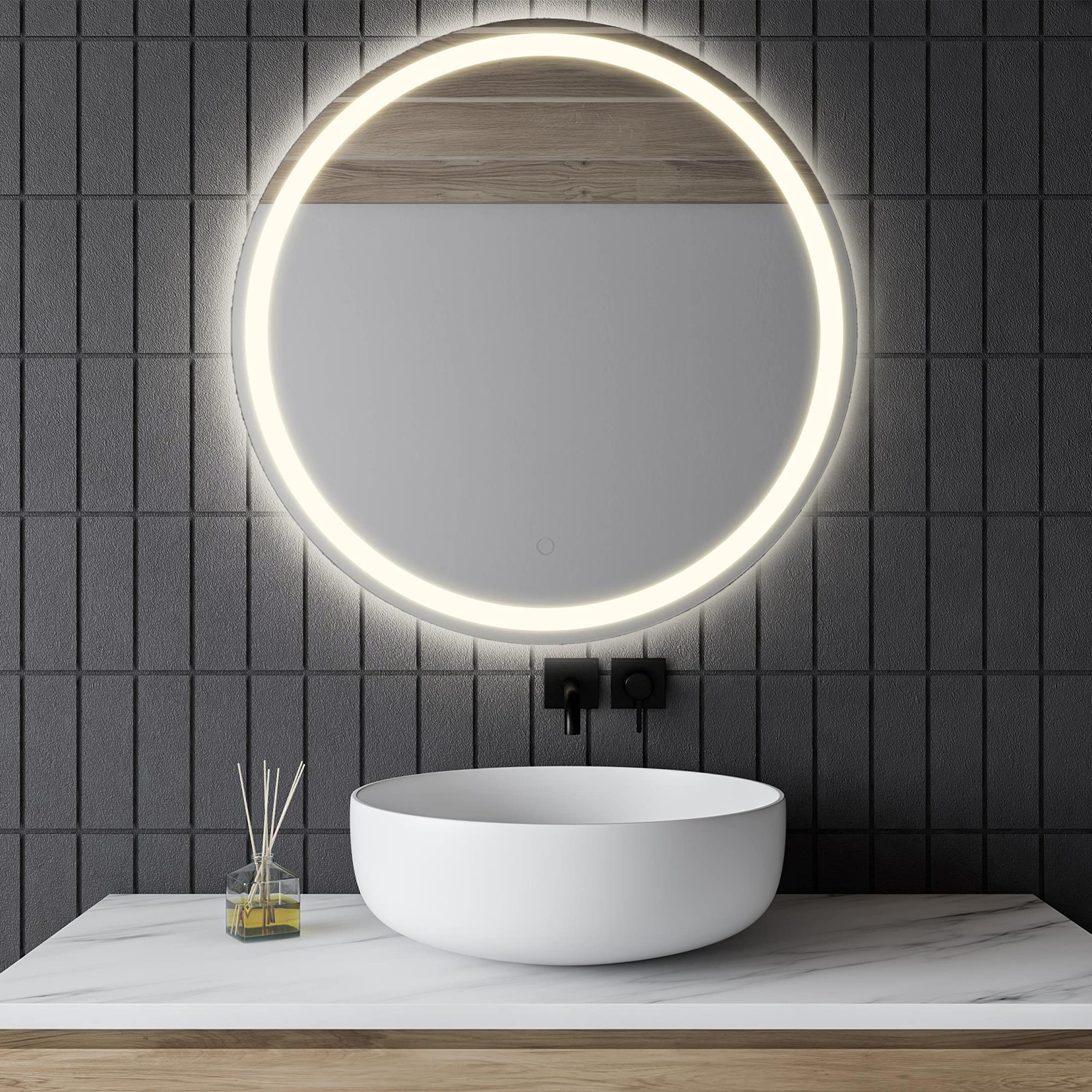 JONATHAN Y MIR101A-27R Dane 27'' Round Frameless Anti-Fog Aluminum Front/Back-lit Tri-Color LED Bathroom Vanity Mirror with Smart Touch Control  White  27'' high x 27'' Wide x 1.25'' deep