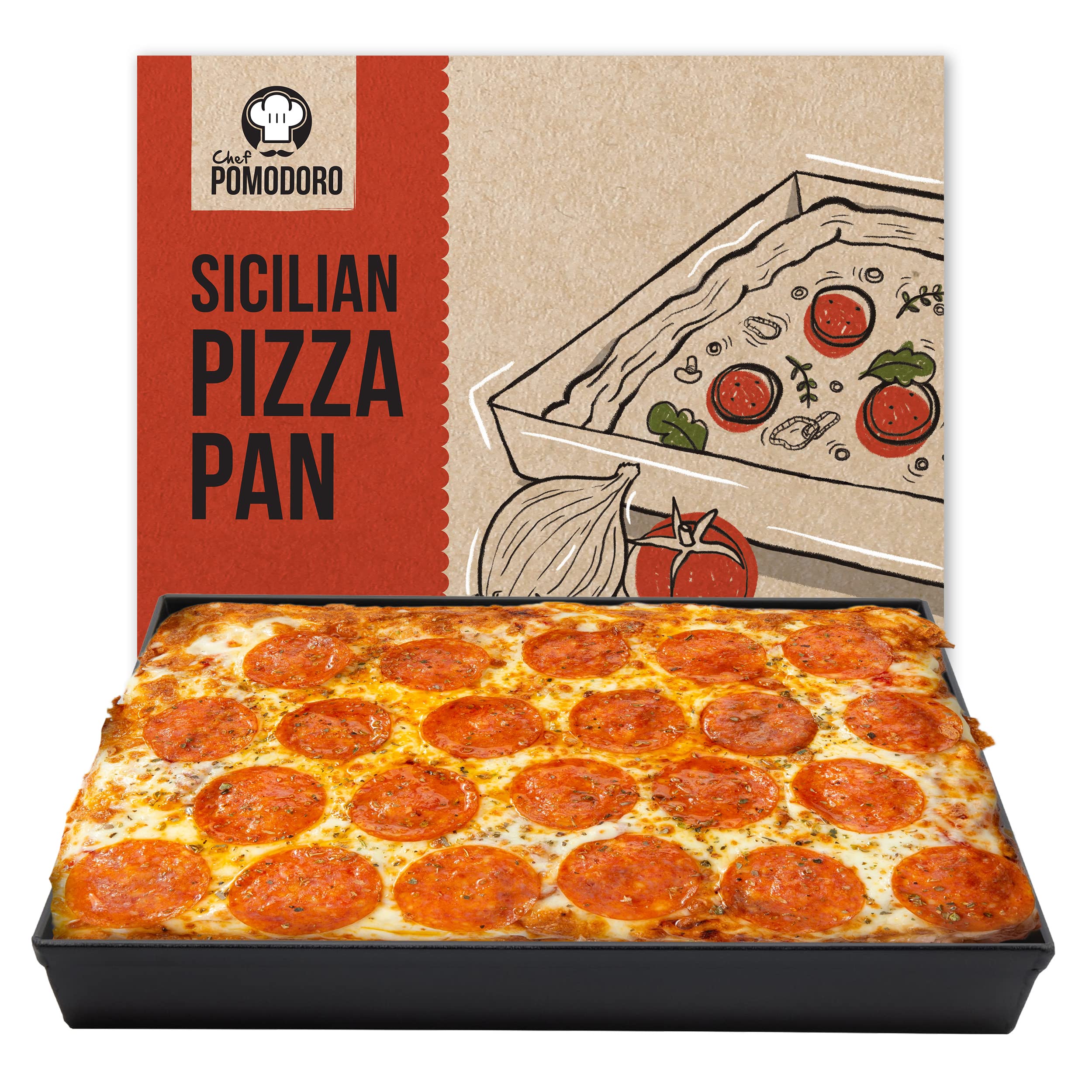 Chef Pomodoro Sicilian Deep Dish Square Pizza Pan, 13.2 X 13.2 X 1.5 Inch, Non-Stick Aluminum, Focaccia Crust, Dough Pre-Seasone