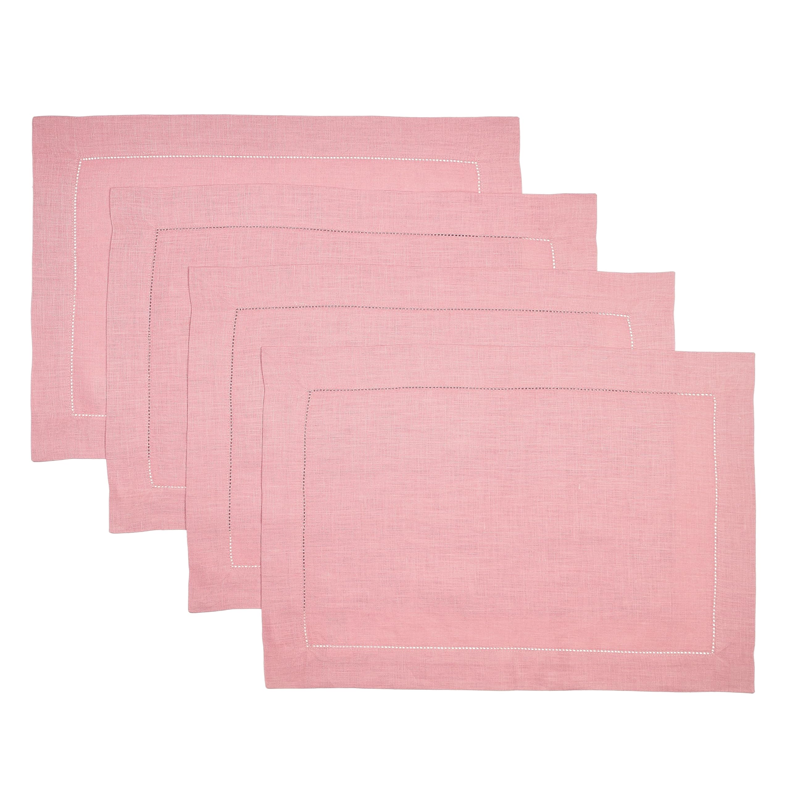 D'Moksha Homes Linen Placemats Set Of 4-100% Pure Linen Dusty Pink Placemats 14 X 19 Inch - Classic Hemstitch, Washable Dusty Pi